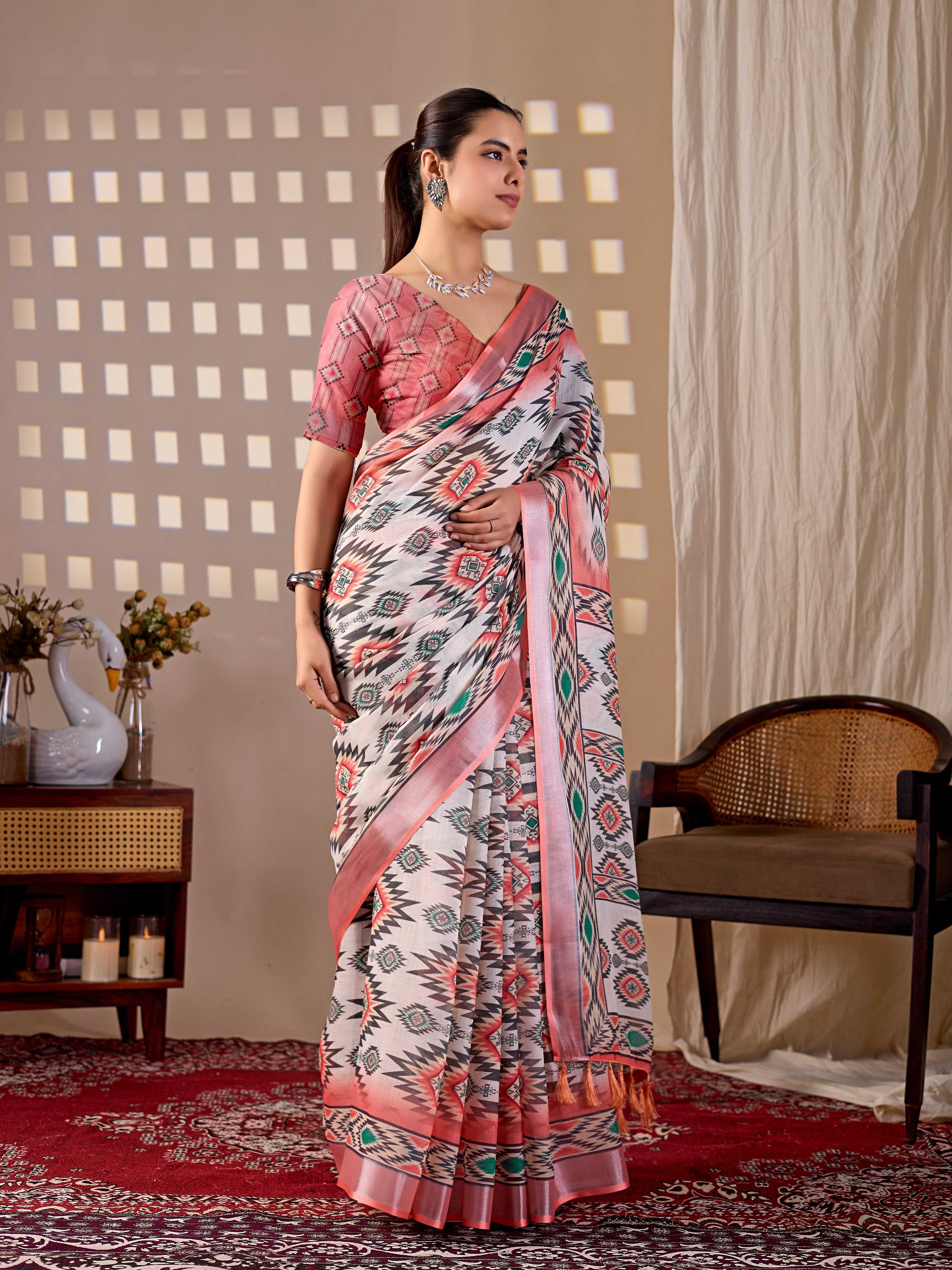 Aastha Fashion Multi Soft Linen Cotton Printed Saree