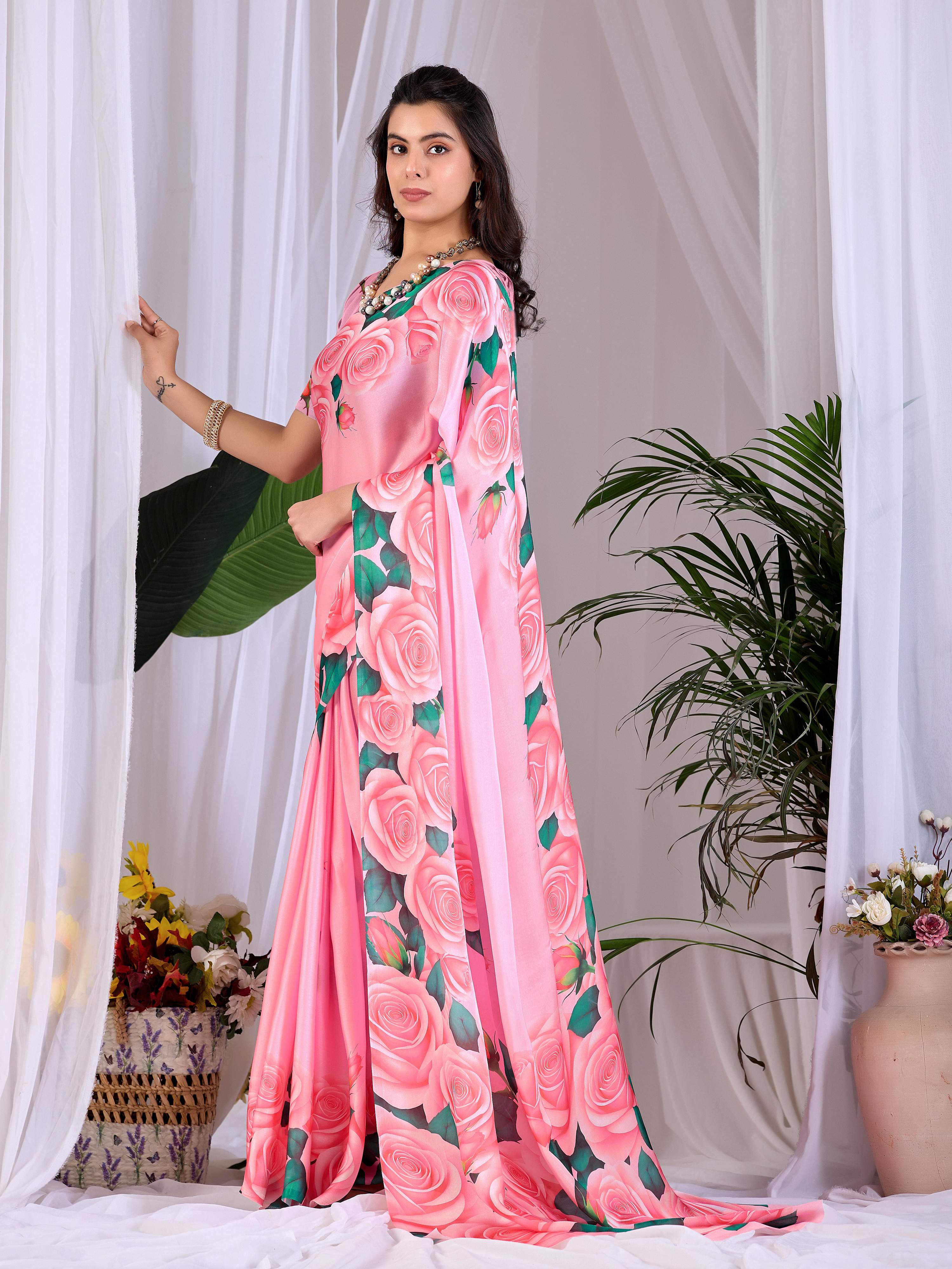Aastha Fashion Pink Soft Satin Floral Digital Print Saree