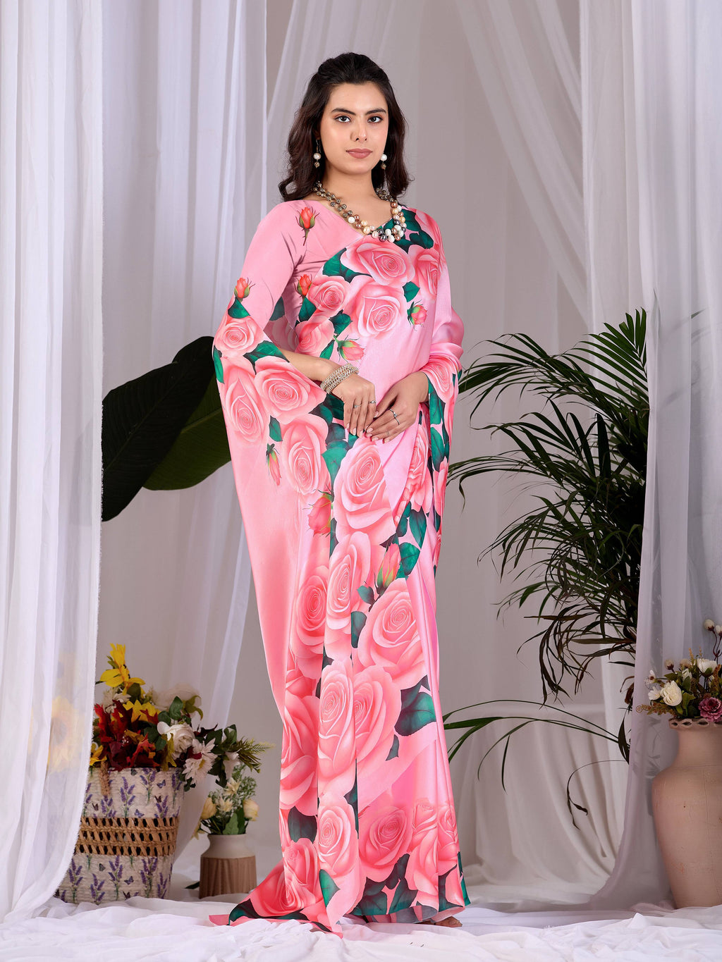 Aastha Fashion Pink Soft Satin Floral Digital Print Saree