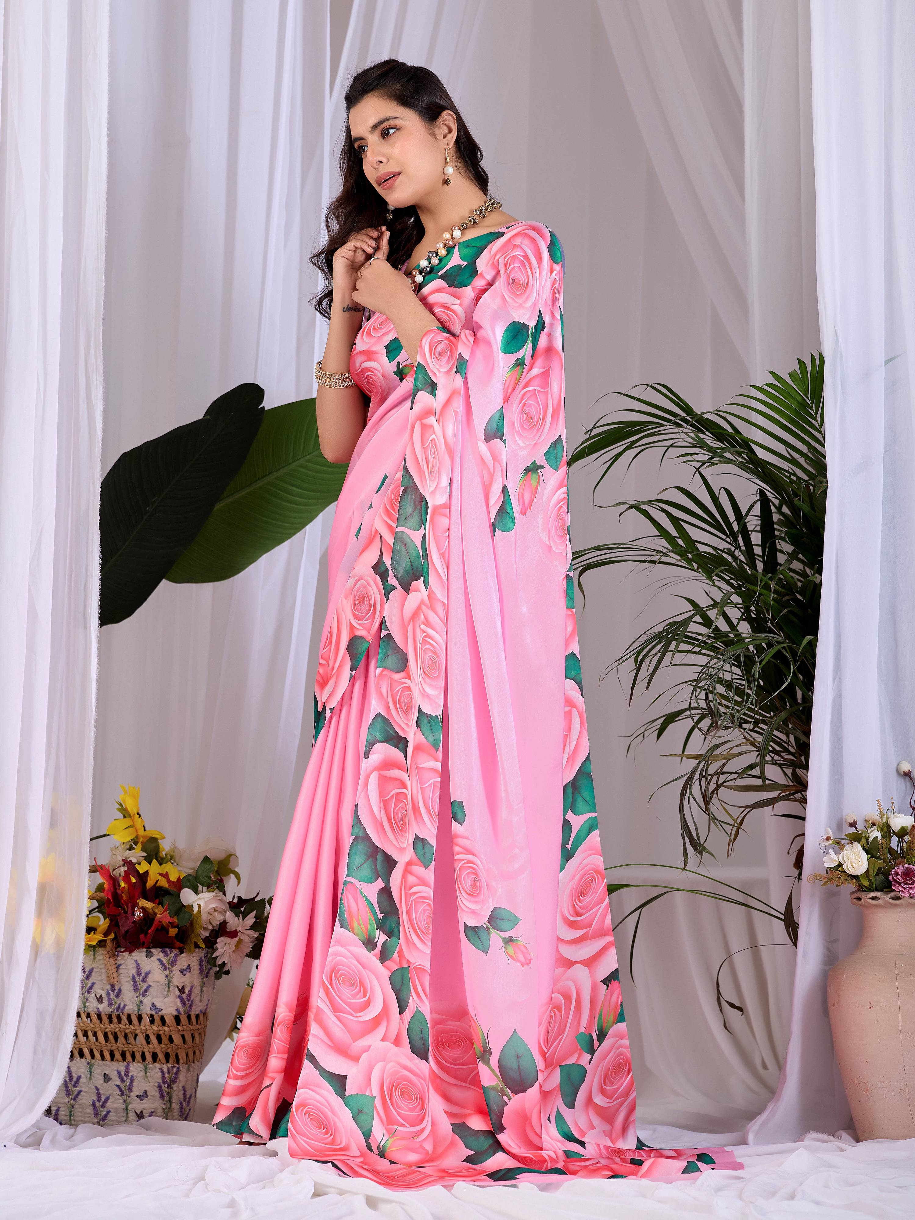 Aastha Fashion Pink Soft Satin Floral Digital Print Saree