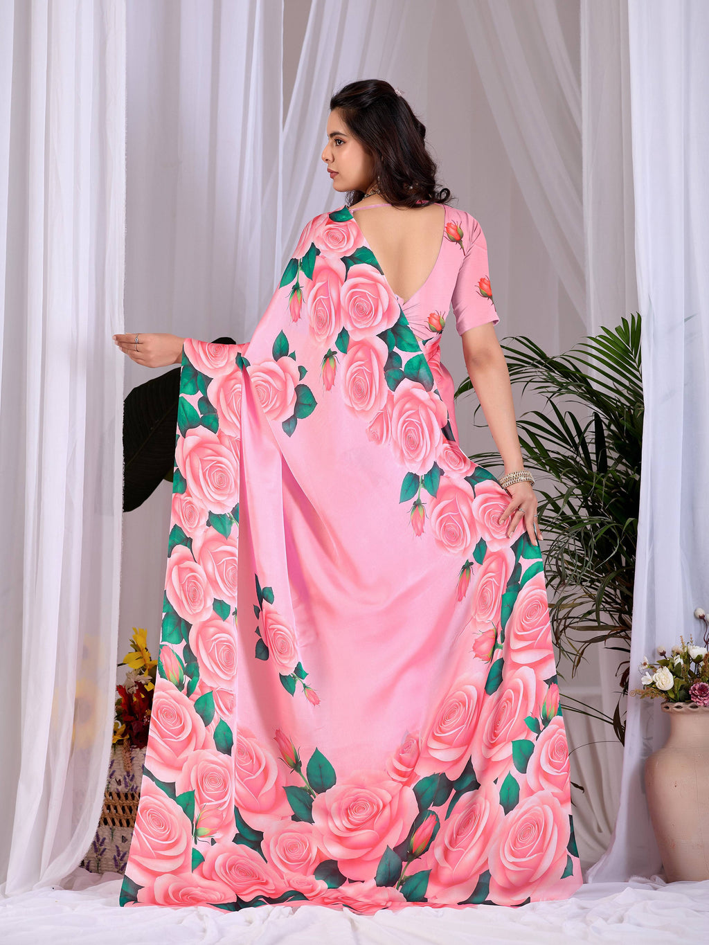 Aastha Fashion Pink Soft Satin Floral Digital Print Saree