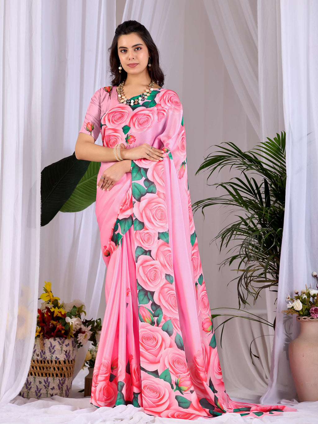 Aastha Fashion Pink Soft Satin Floral Digital Print Saree