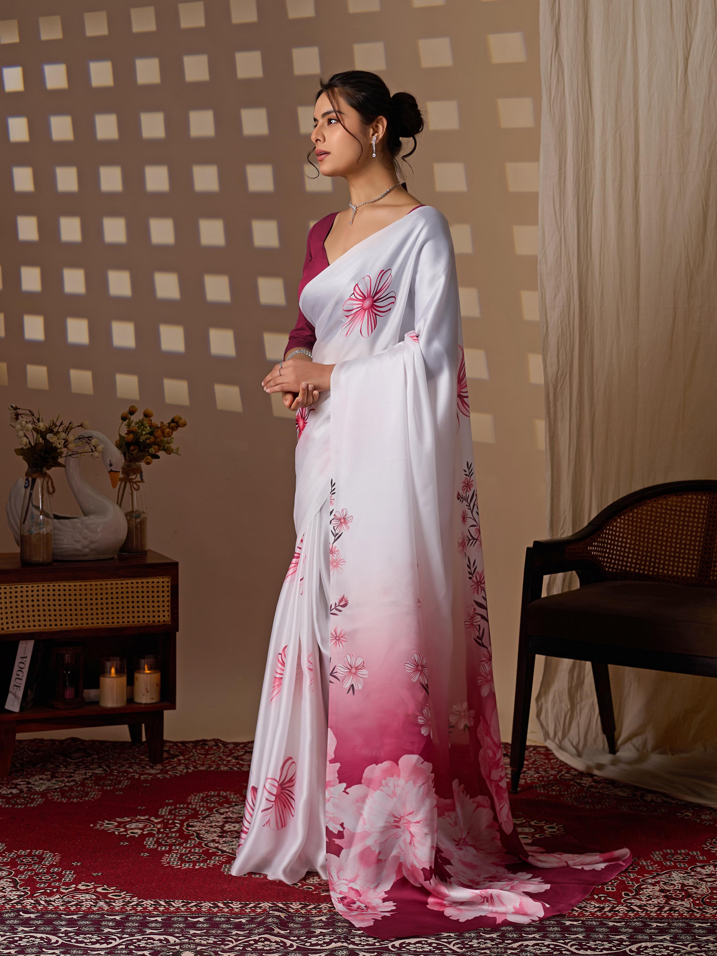 Aastha Fashion White Soft Satin Floral Digital Print Saree