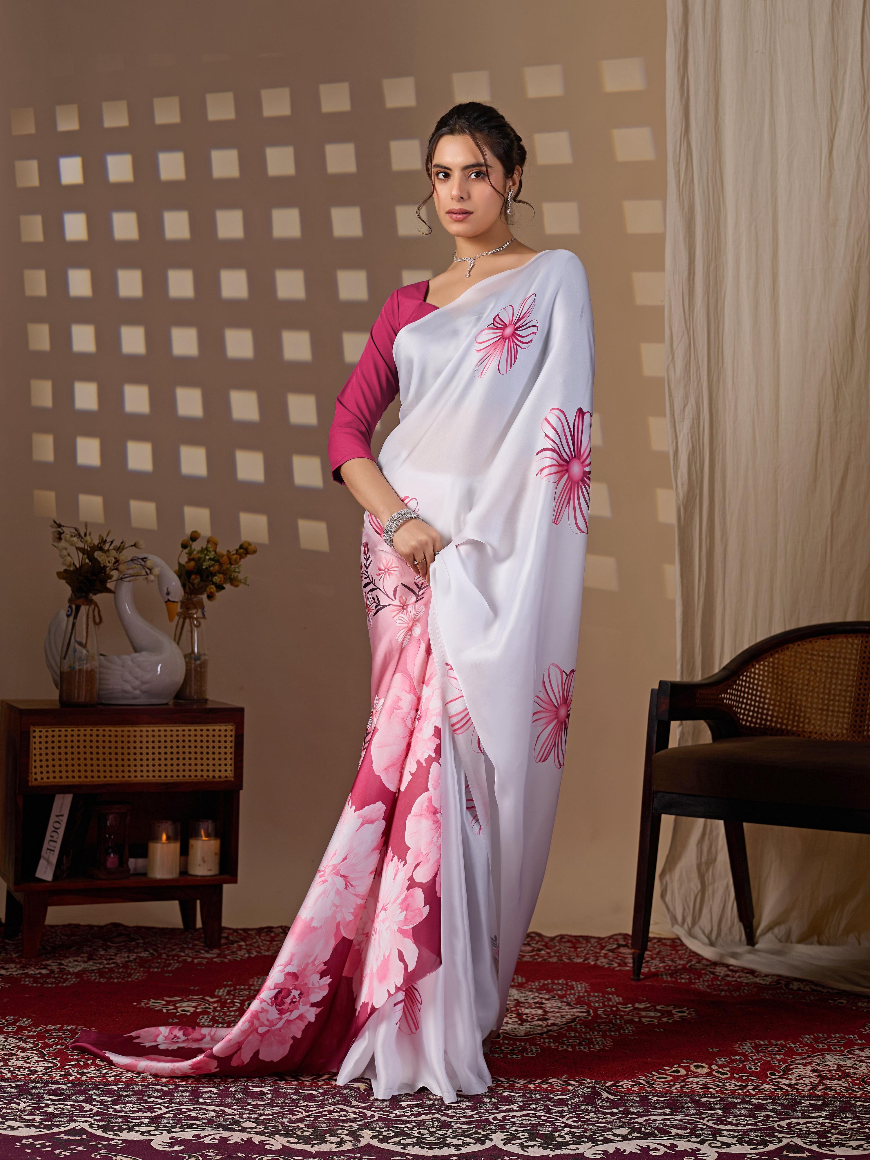 Aastha Fashion White Soft Satin Floral Digital Print Saree