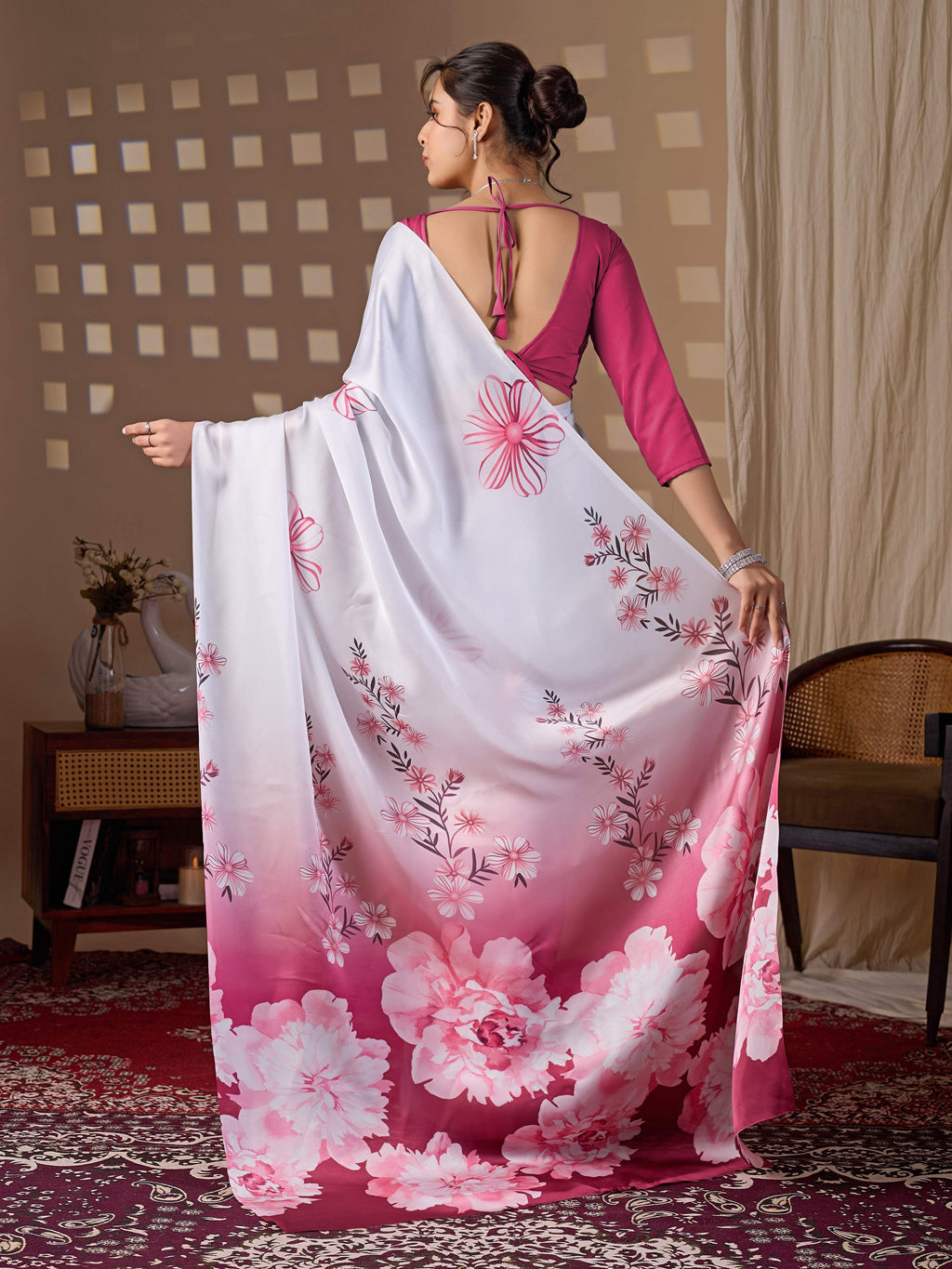 Aastha Fashion White Soft Satin Floral Digital Print Saree