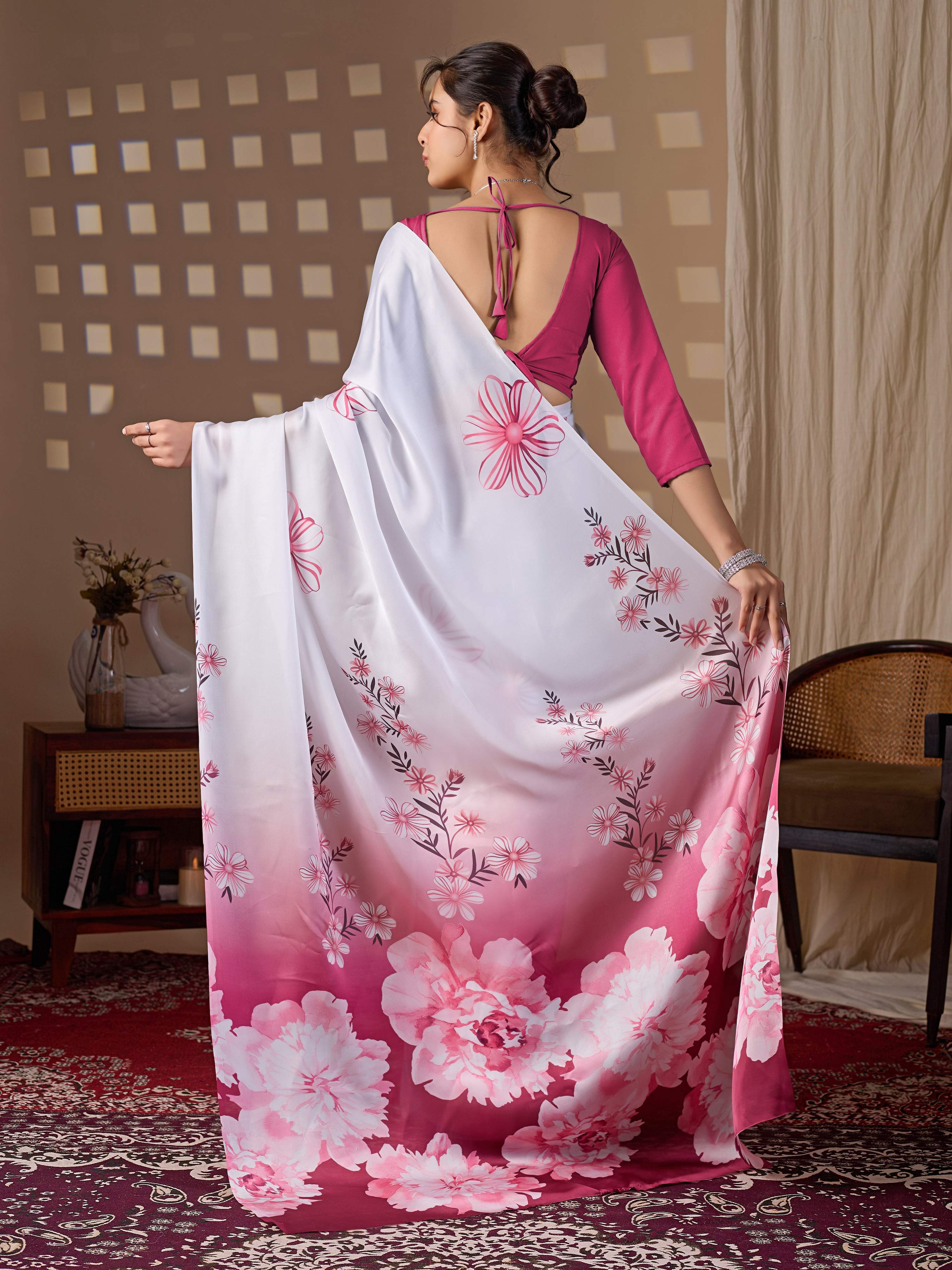 Aastha Fashion White Soft Satin Floral Digital Print Saree