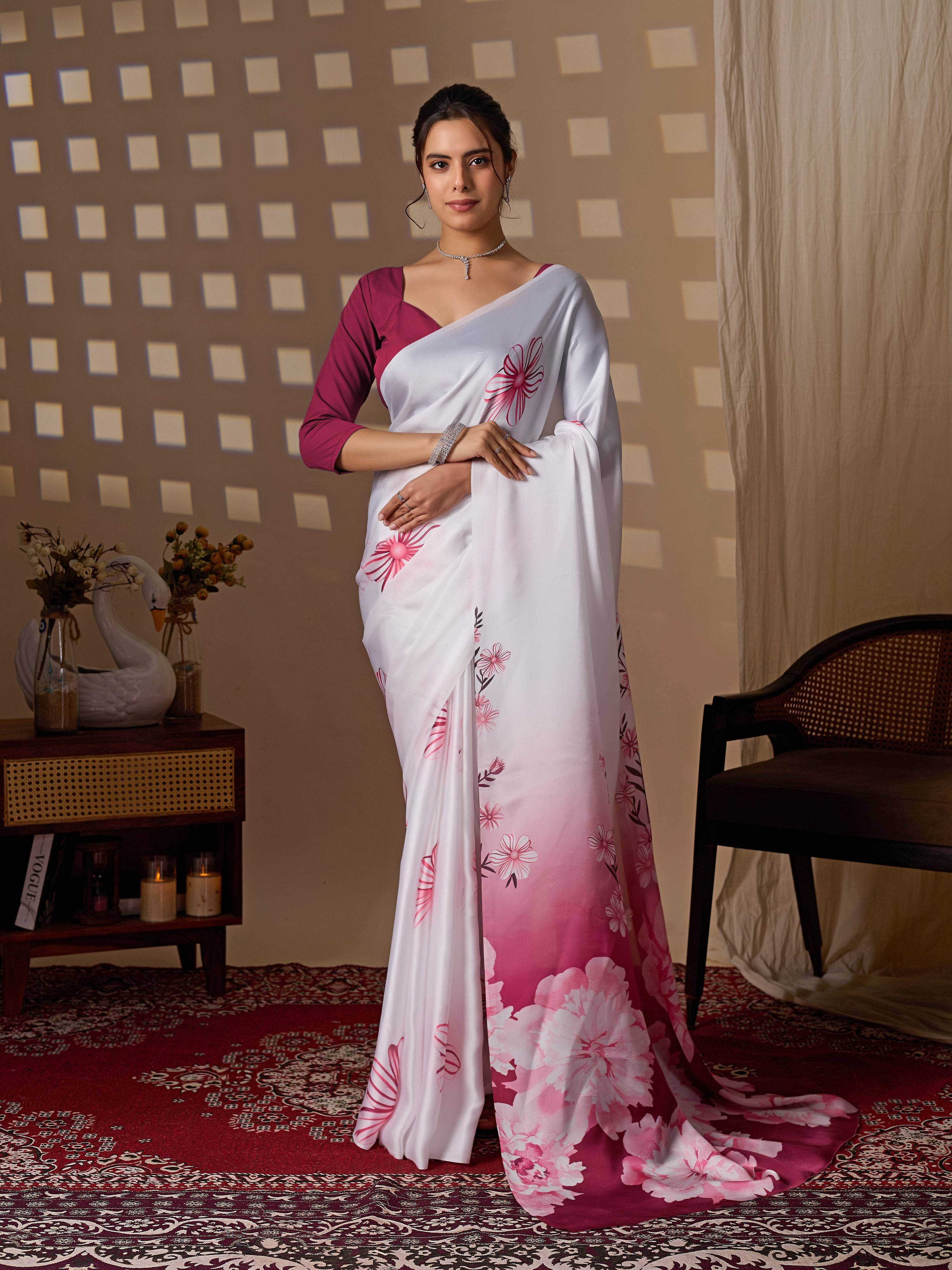 Aastha Fashion White Soft Satin Floral Digital Print Saree