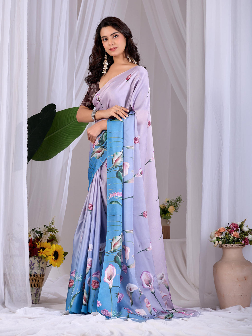 Aastha Fashion Lavender Soft Satin Floral Digital Print Saree