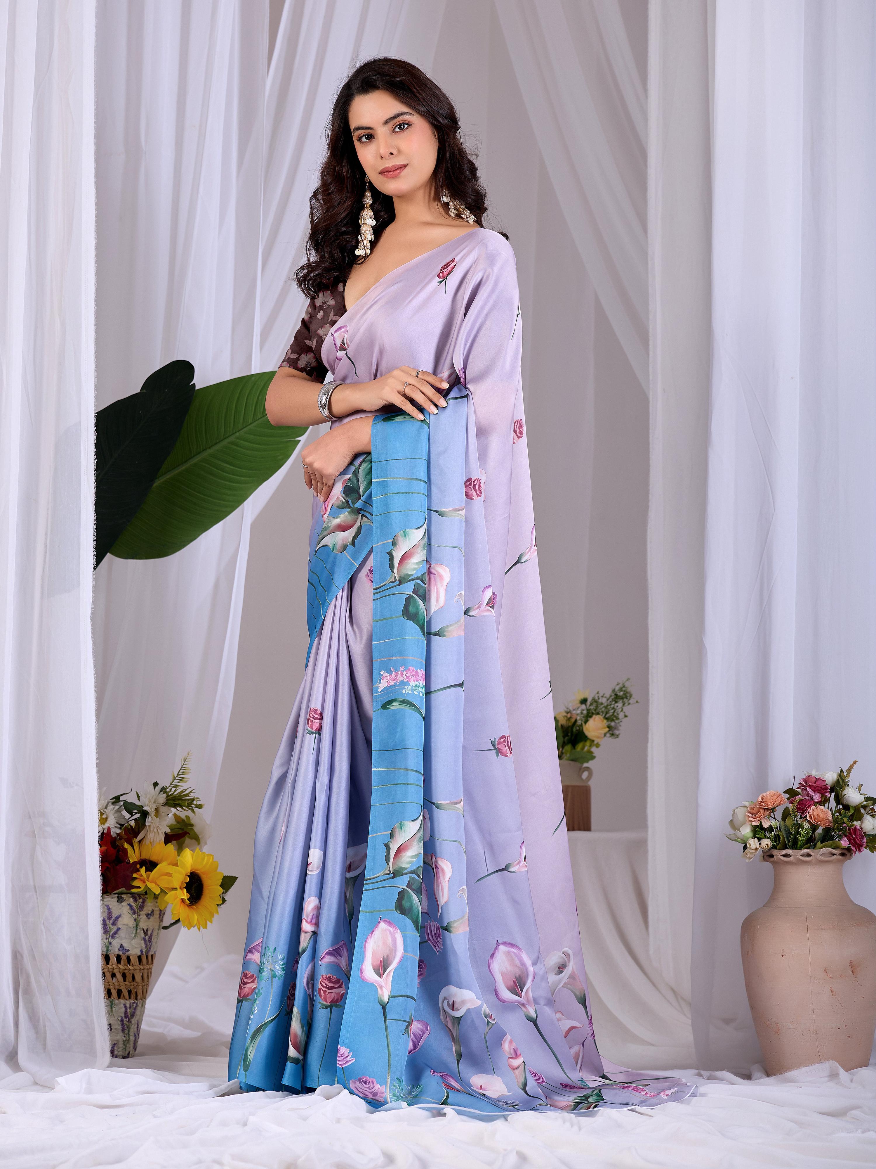 Aastha Fashion Lavender Soft Satin Floral Digital Print Saree