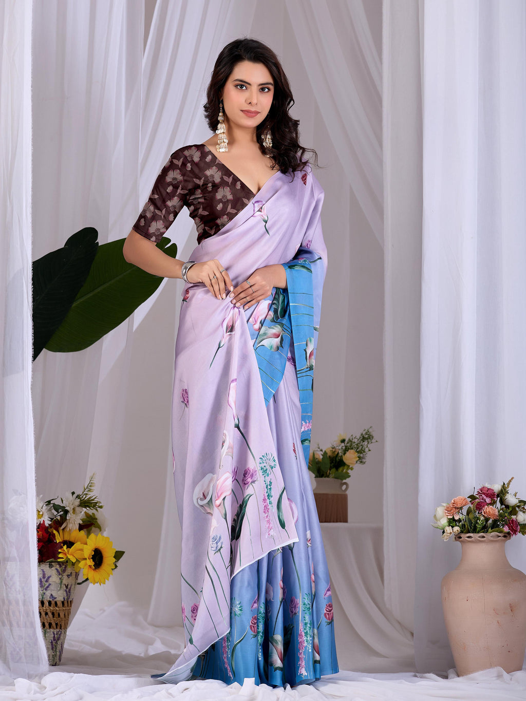 Aastha Fashion Lavender Soft Satin Floral Digital Print Saree