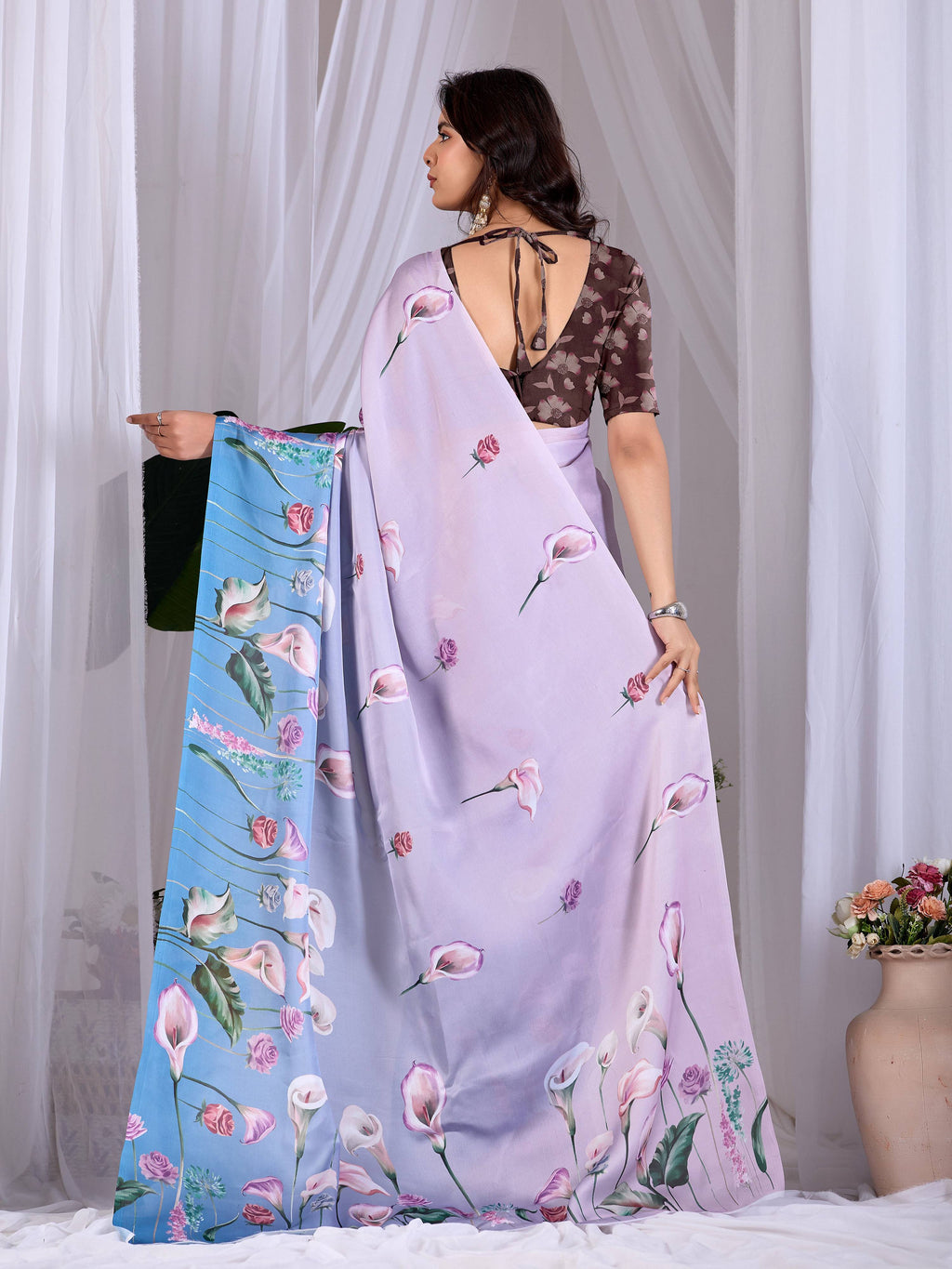Aastha Fashion Lavender Soft Satin Floral Digital Print Saree