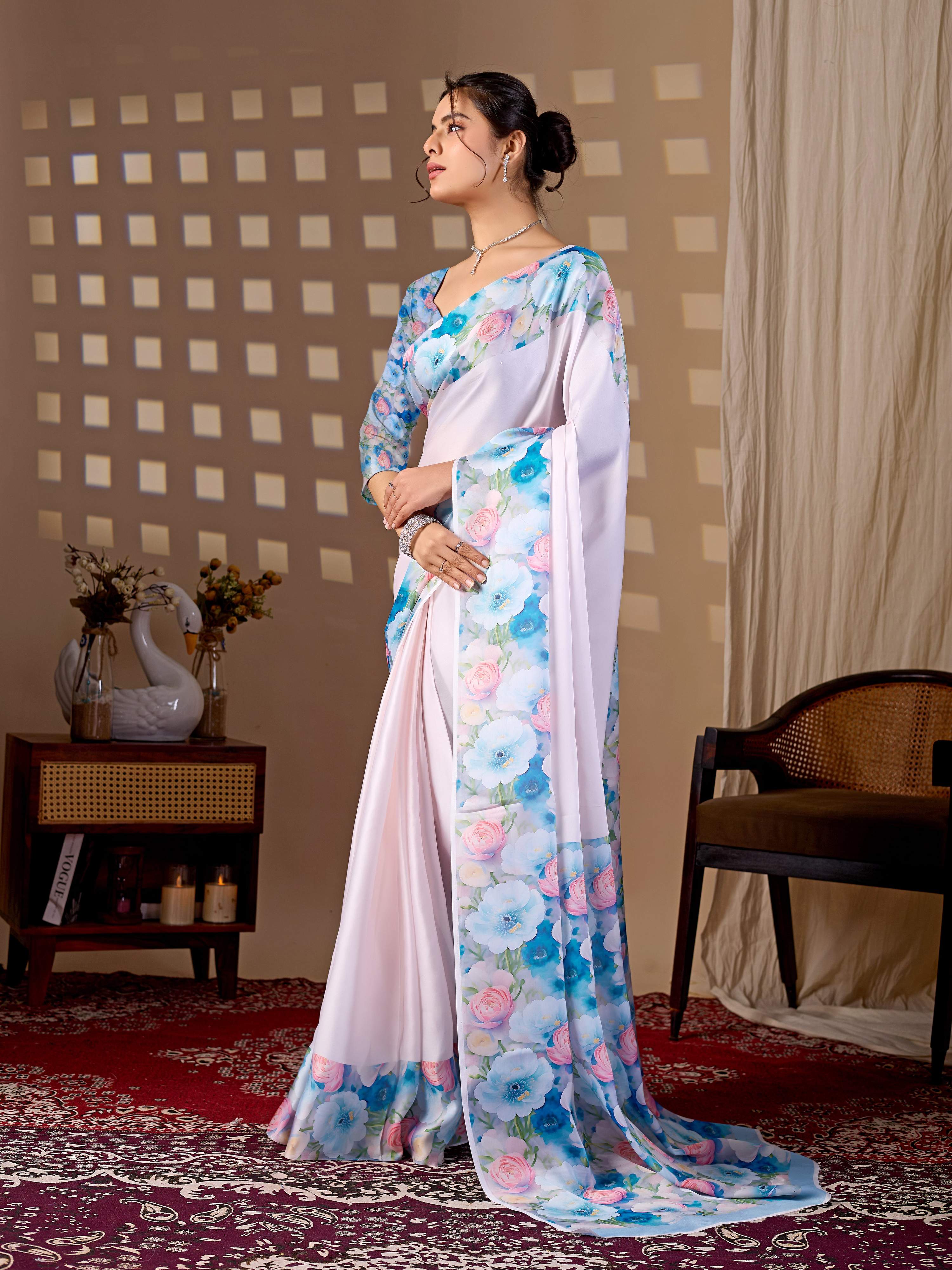 Aastha Fashion Light Pink Soft Satin Floral Digital Print Saree