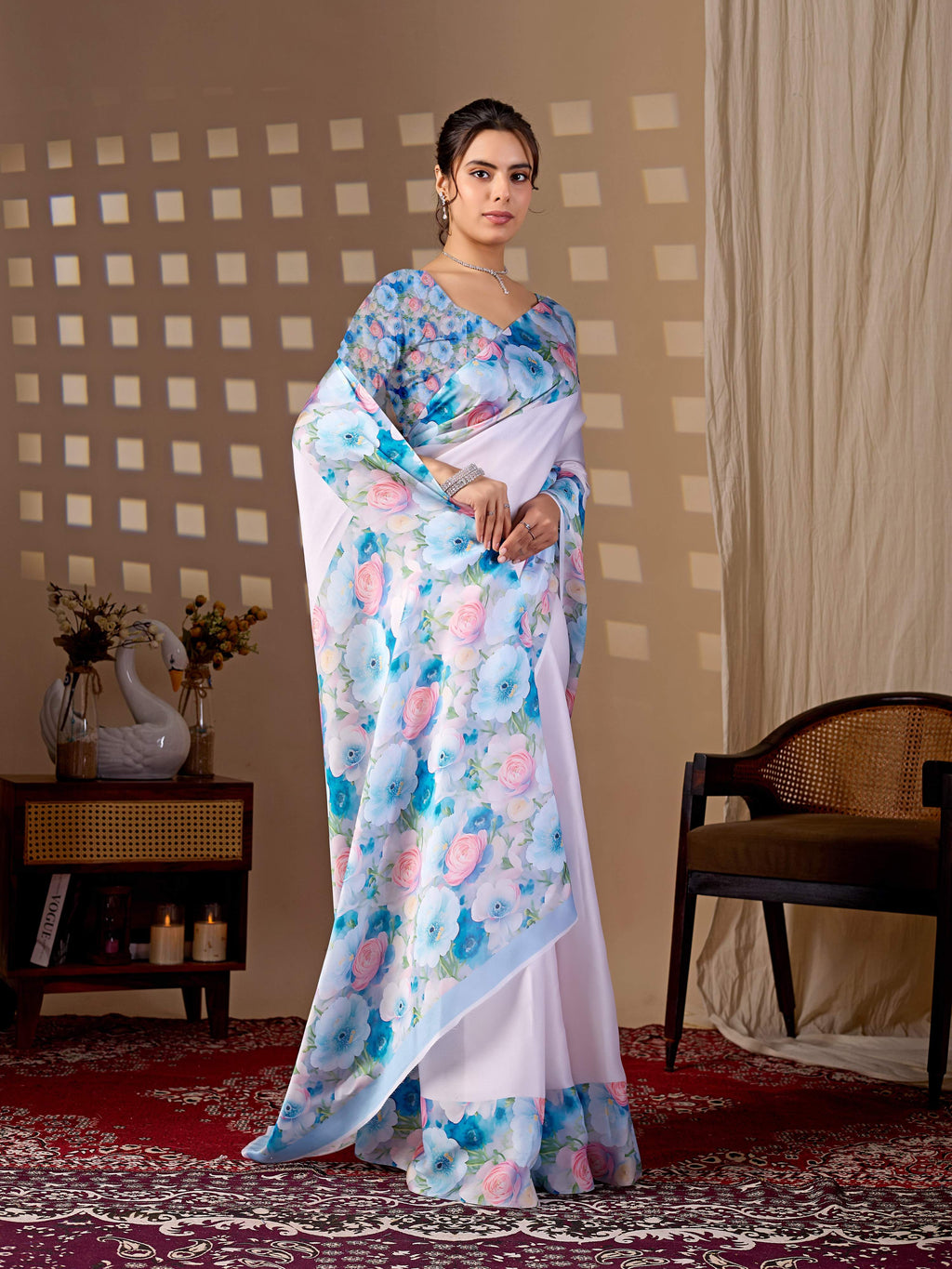 Aastha Fashion Light Pink Soft Satin Floral Digital Print Saree