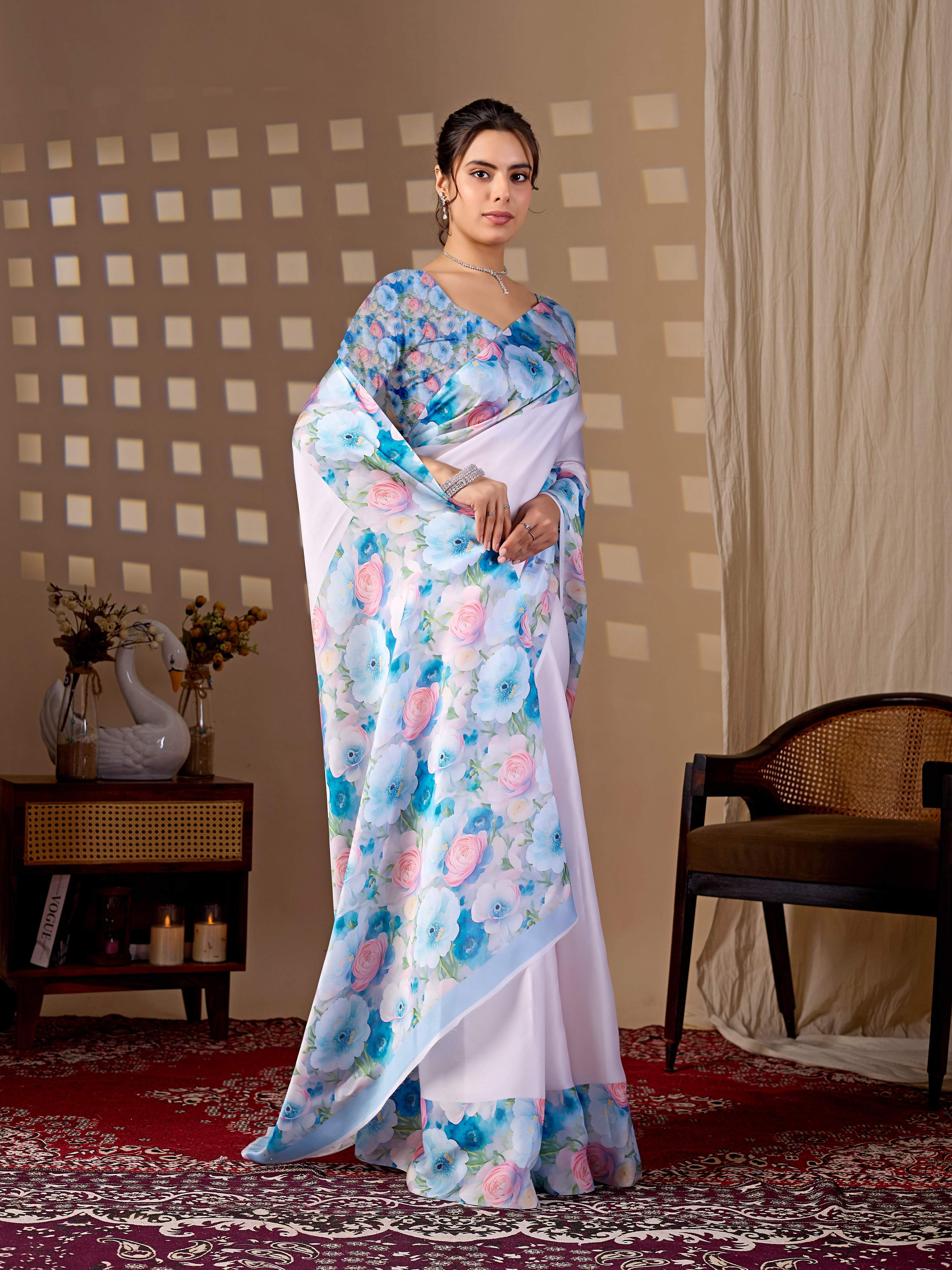 Aastha Fashion Light Pink Soft Satin Floral Digital Print Saree