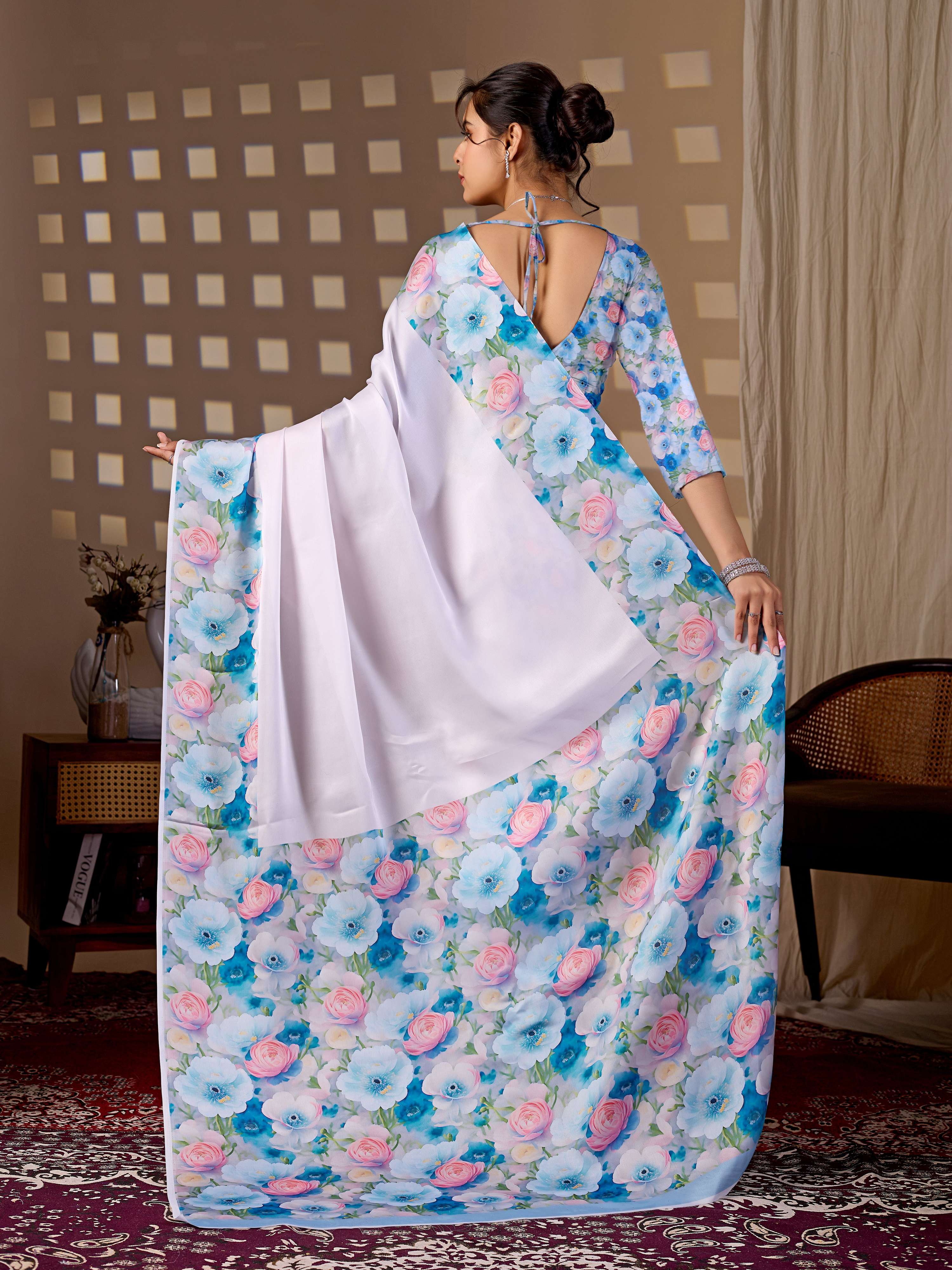 Aastha Fashion Light Pink Soft Satin Floral Digital Print Saree