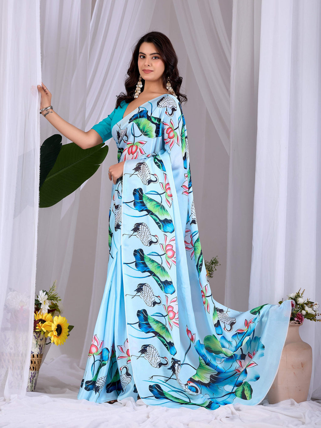 Aastha Fashion See Green Soft Satin Floral Digital Print Saree