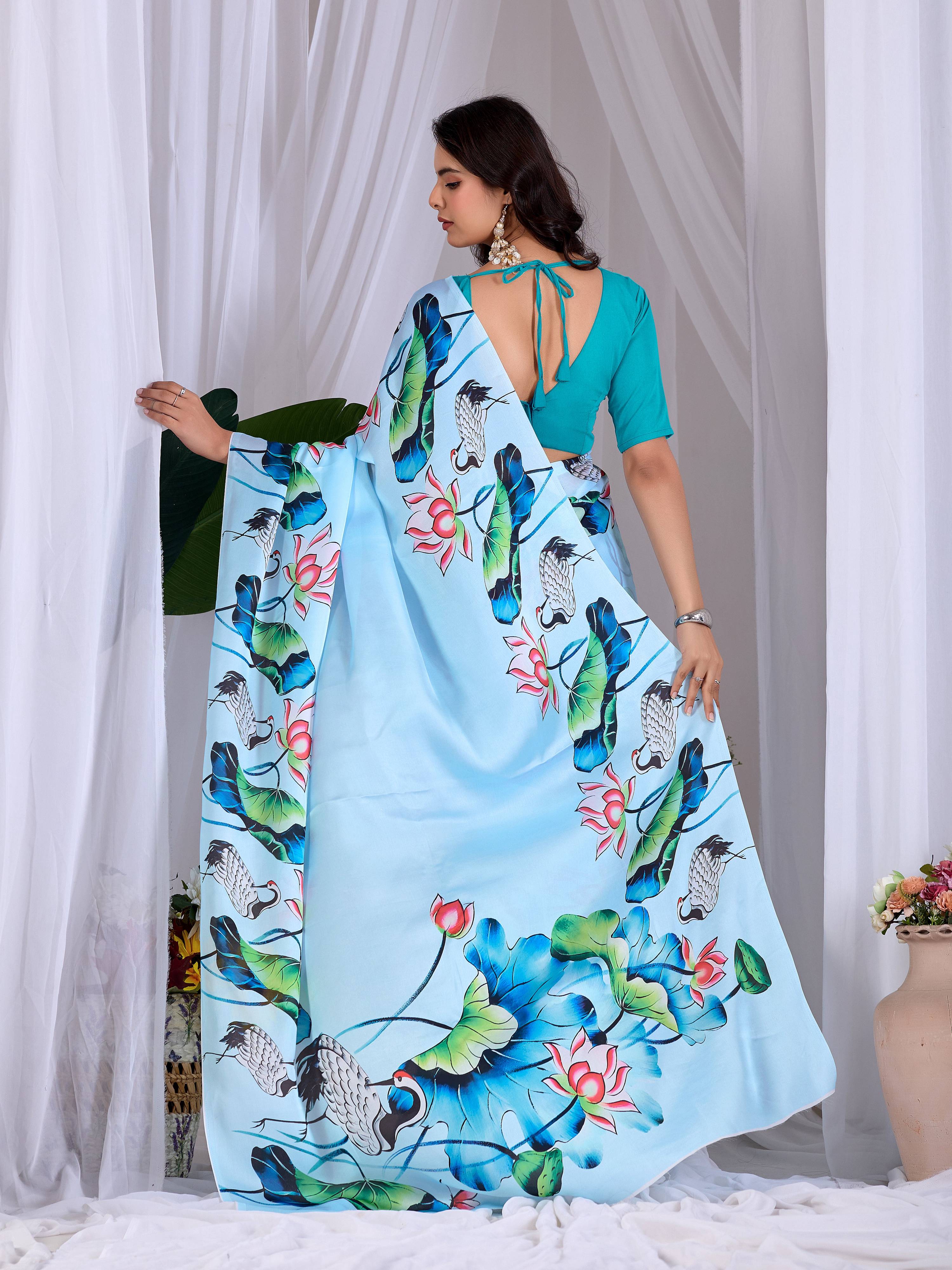 Aastha Fashion See Green Soft Satin Floral Digital Print Saree