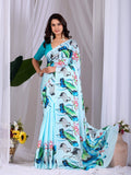 Aastha Fashion See Green Soft Satin Floral Digital Print Saree