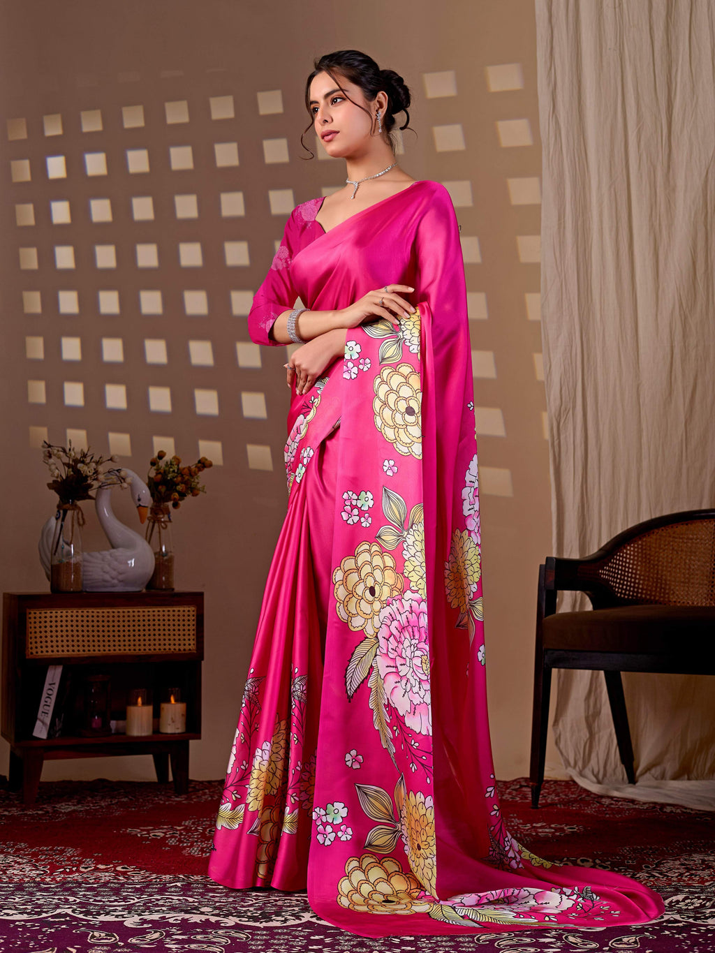 Aastha Fashion Magenta Soft Satin Floral Digital Print Saree