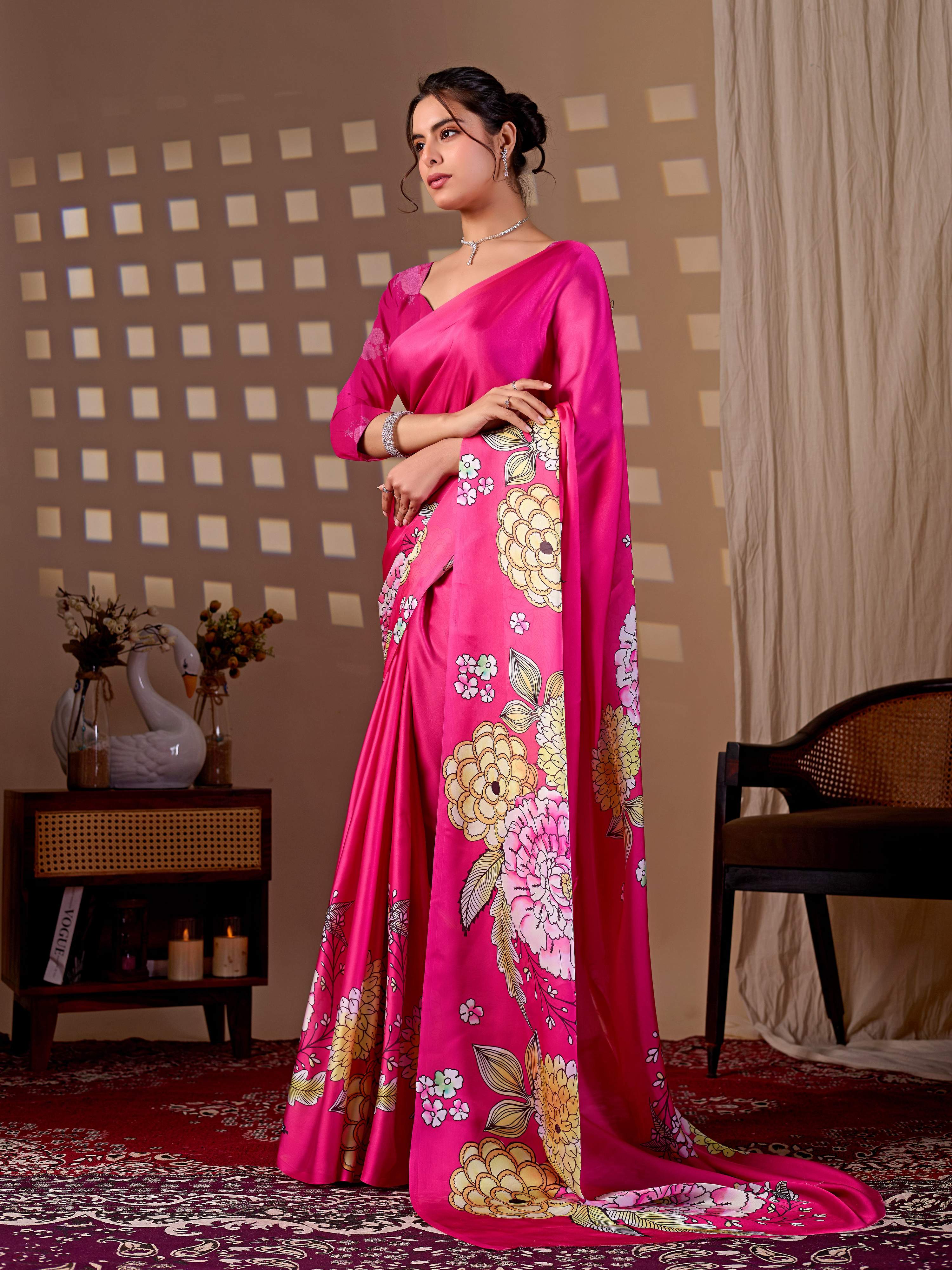 Aastha Fashion Magenta Soft Satin Floral Digital Print Saree