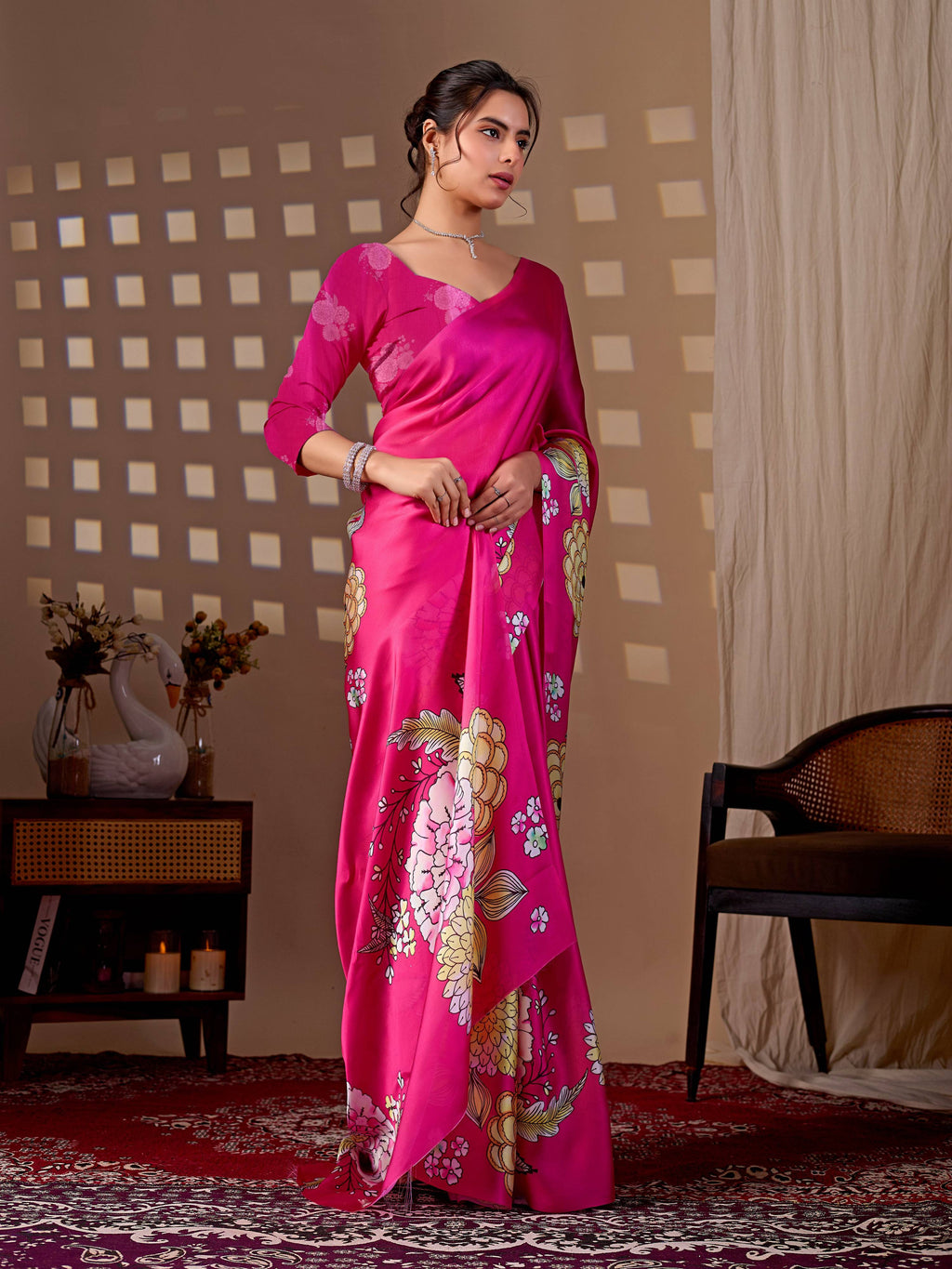 Aastha Fashion Magenta Soft Satin Floral Digital Print Saree