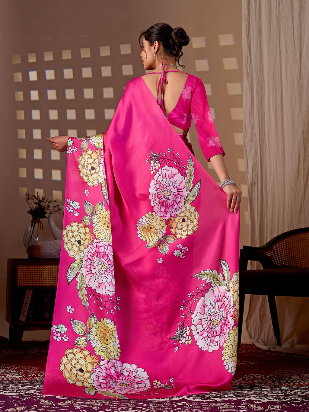 Aastha Fashion Magenta Soft Satin Floral Digital Print Saree