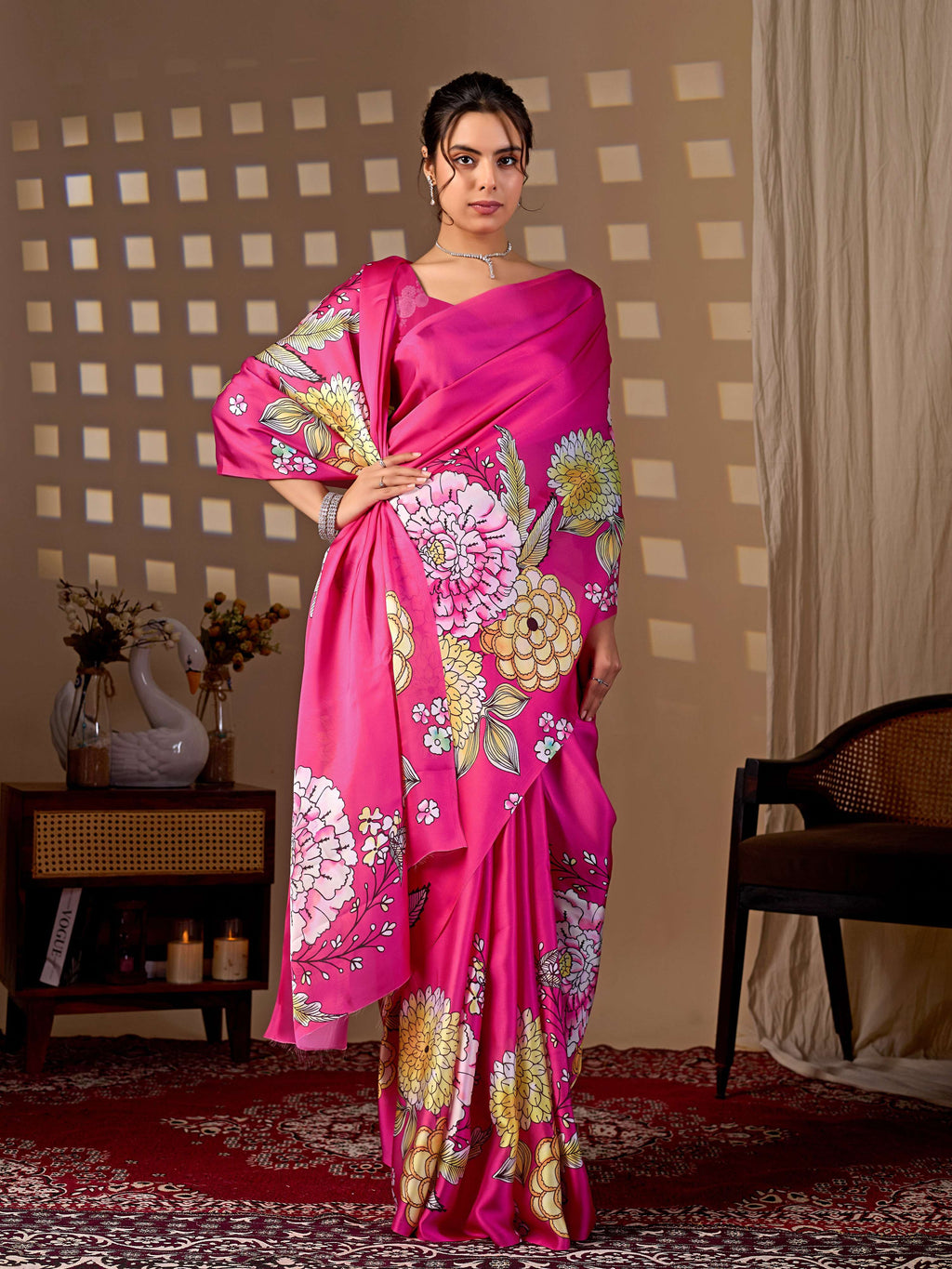 Aastha Fashion Magenta Soft Satin Floral Digital Print Saree