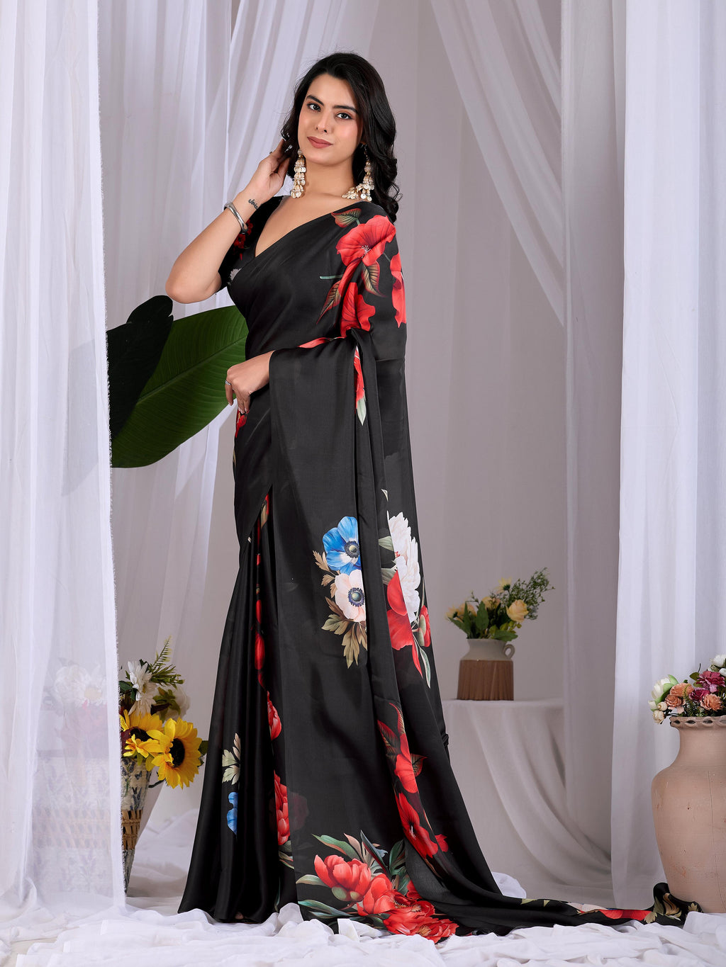 Aastha Fashion Black Soft Satin Georgette Printed Saree
