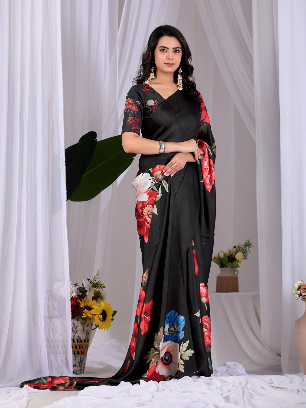 Aastha Fashion Black Soft Satin Georgette Printed Saree