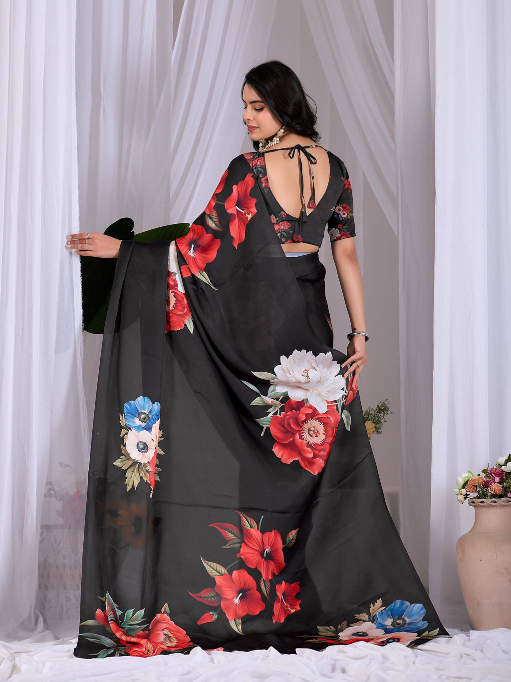 Aastha Fashion Black Soft Satin Georgette Printed Saree