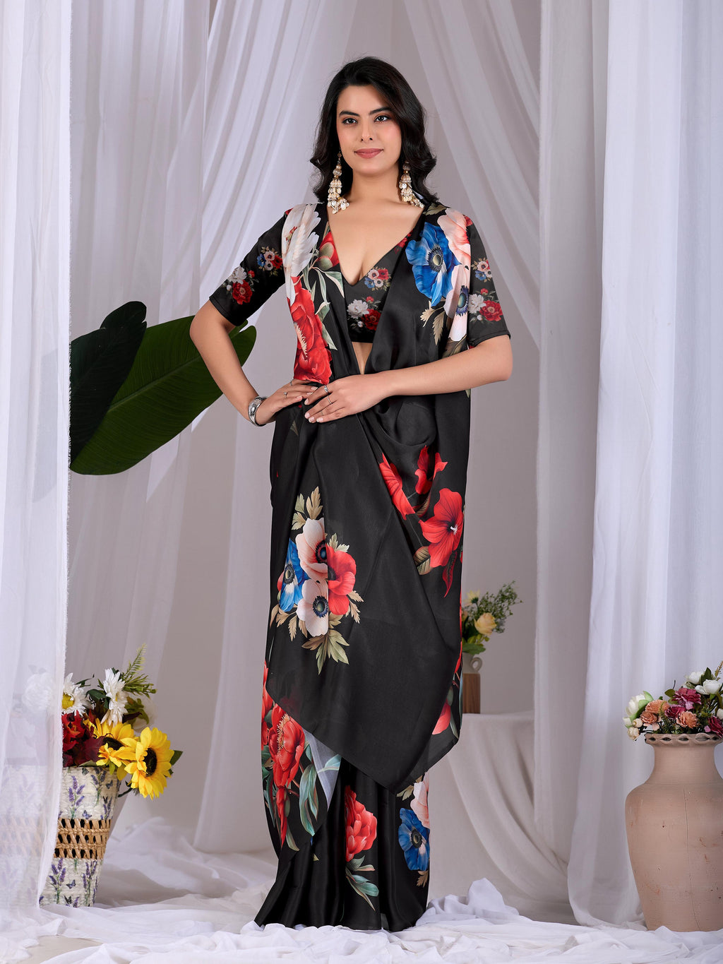 Aastha Fashion Black Soft Satin Georgette Printed Saree