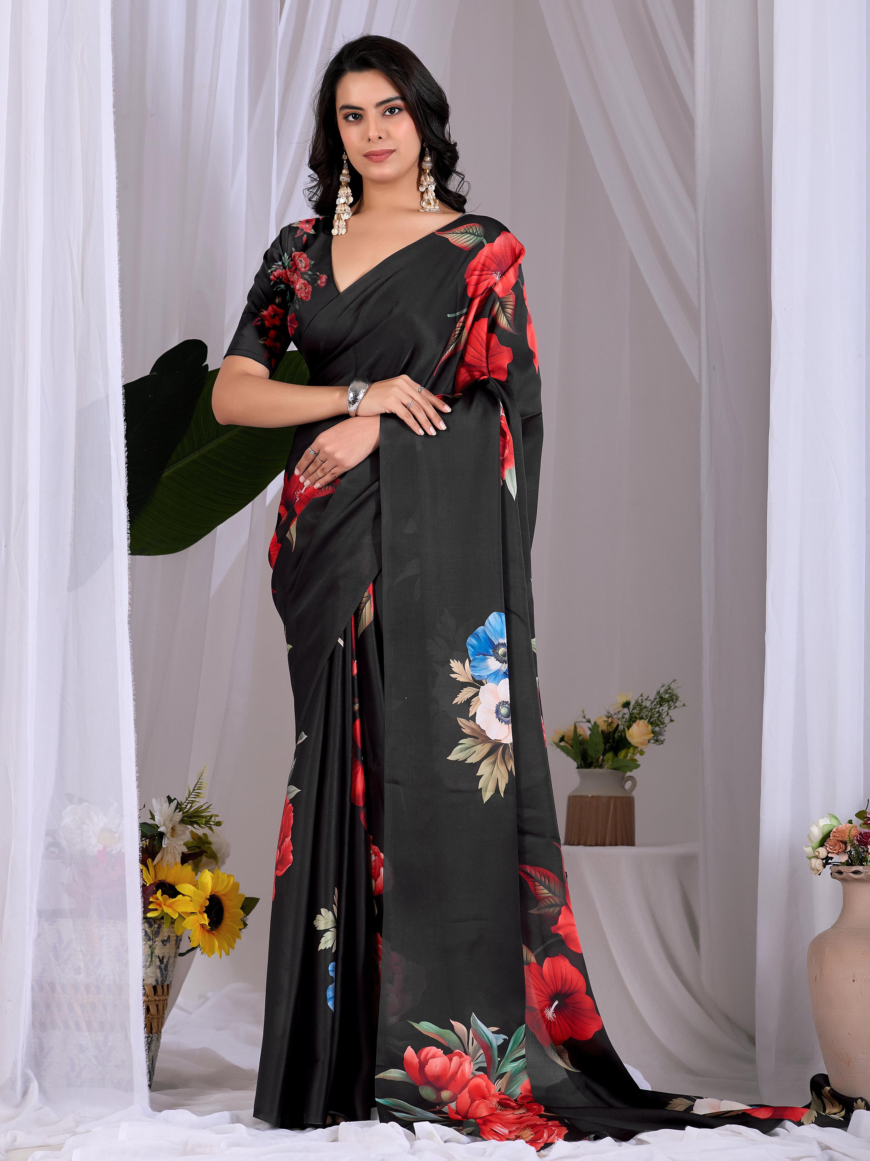 Aastha Fashion Black Soft Satin Georgette Printed Saree
