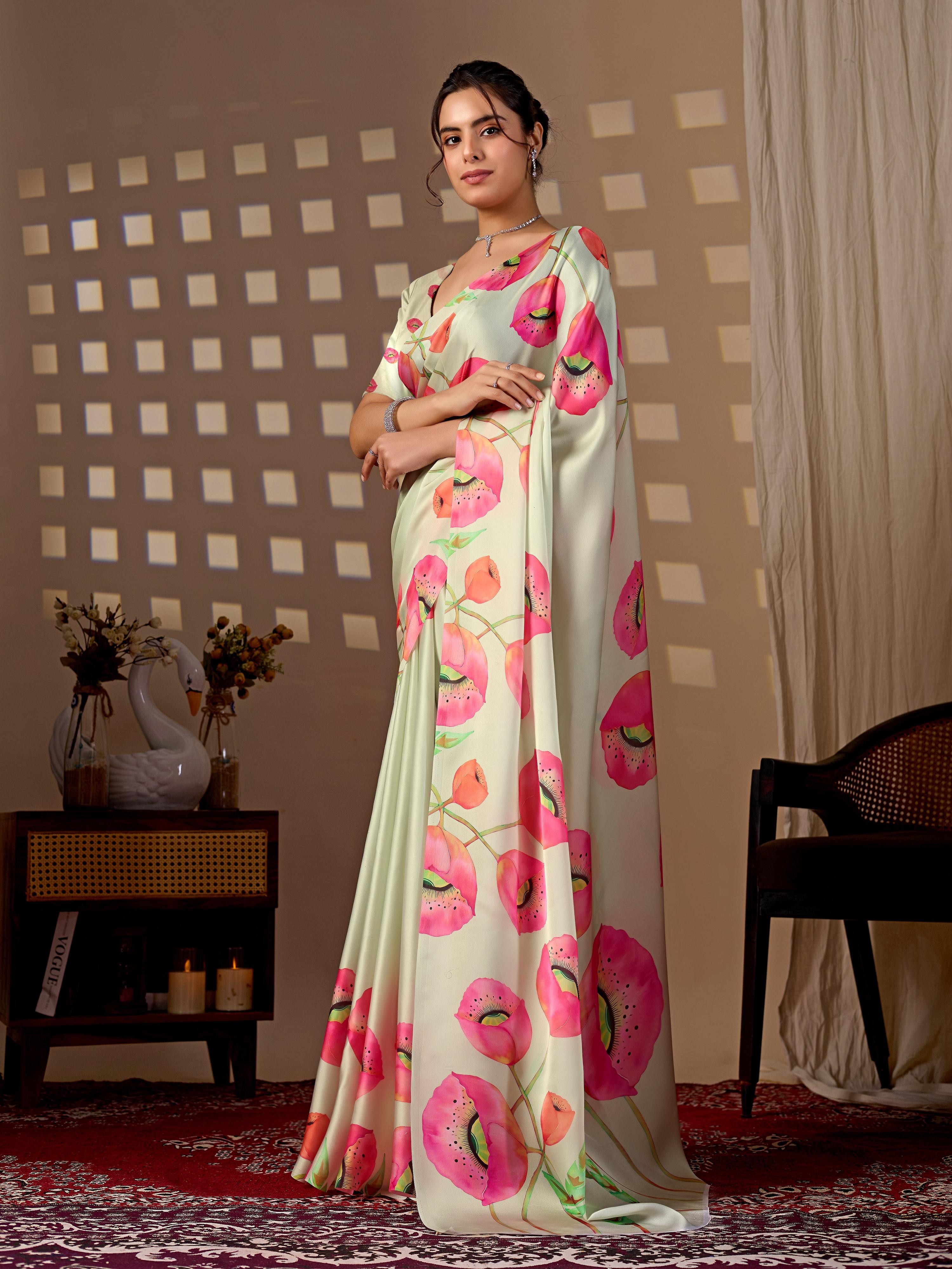 Aastha Fashion Pista Soft Satin Georgette Printed Saree