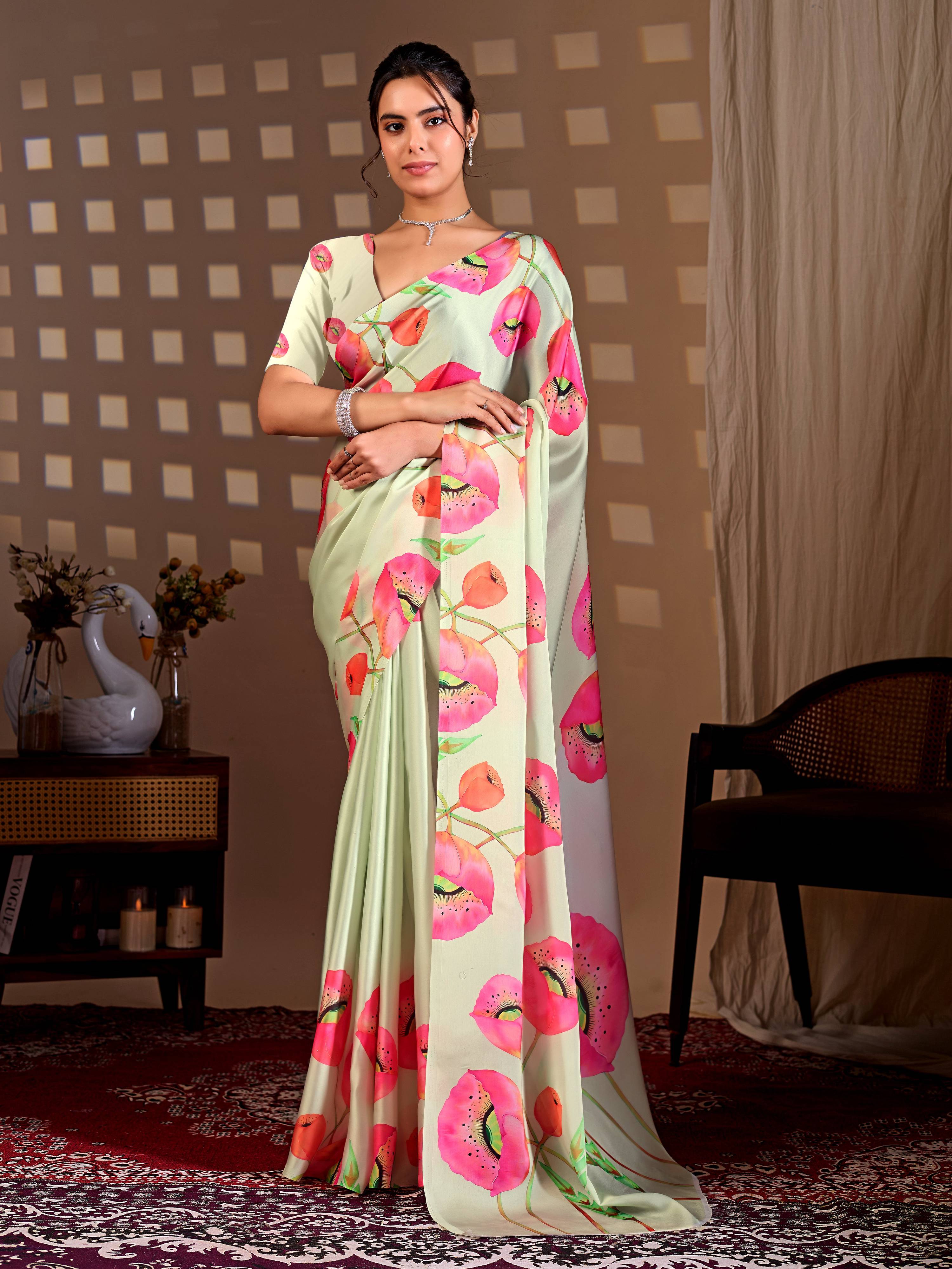 Aastha Fashion Pista Soft Satin Georgette Printed Saree