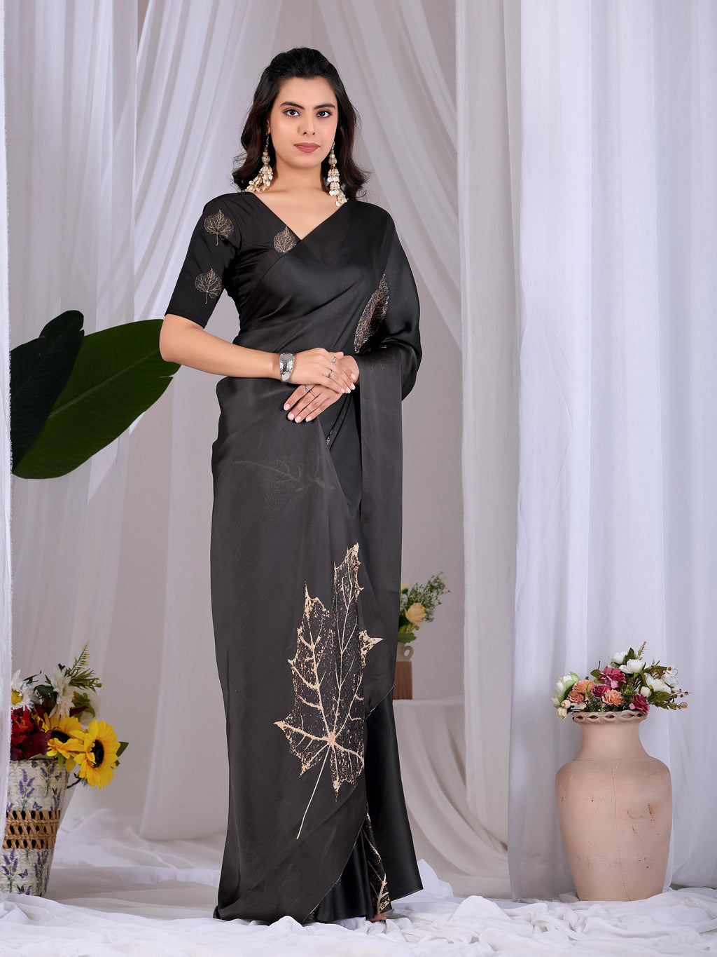 Aastha Fashion Black Soft Satin Georgette Printed Saree