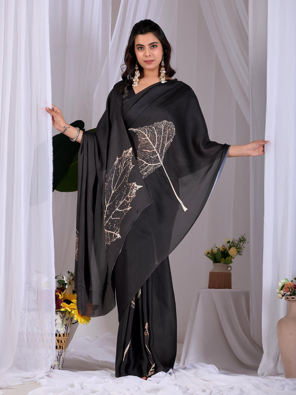 Aastha Fashion Black Soft Satin Georgette Printed Saree