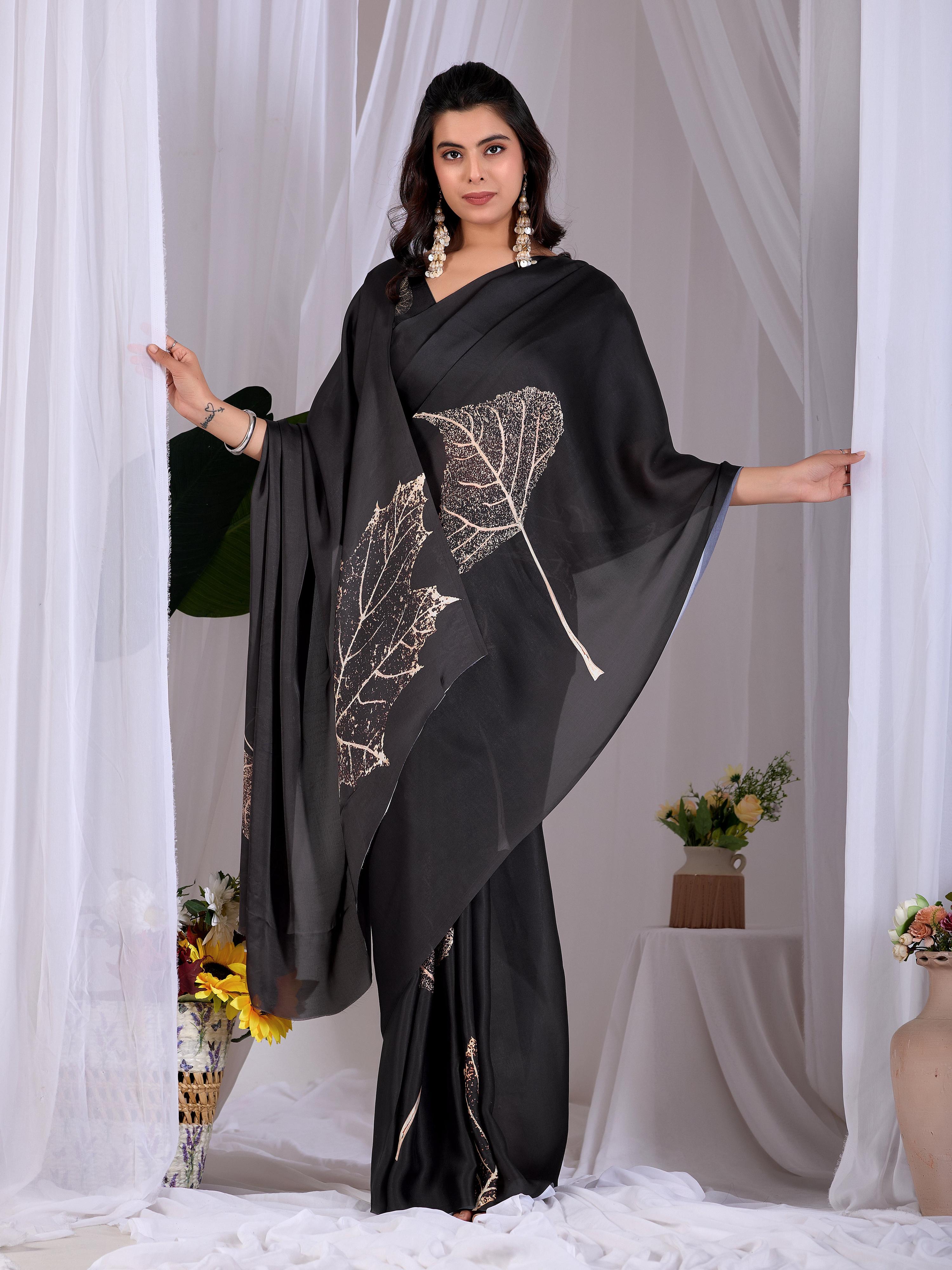 Aastha Fashion Black Soft Satin Georgette Printed Saree