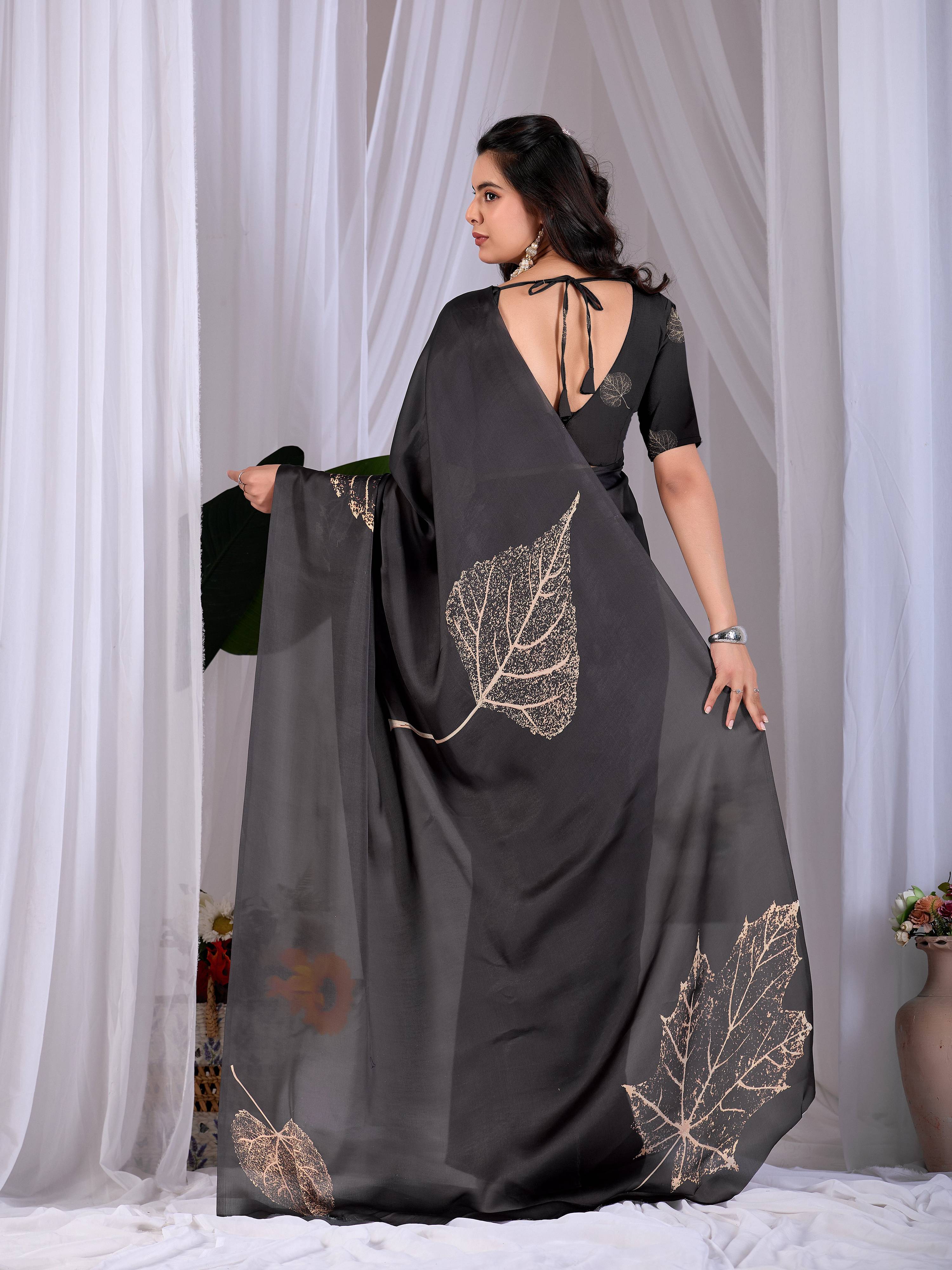 Aastha Fashion Black Soft Satin Georgette Printed Saree