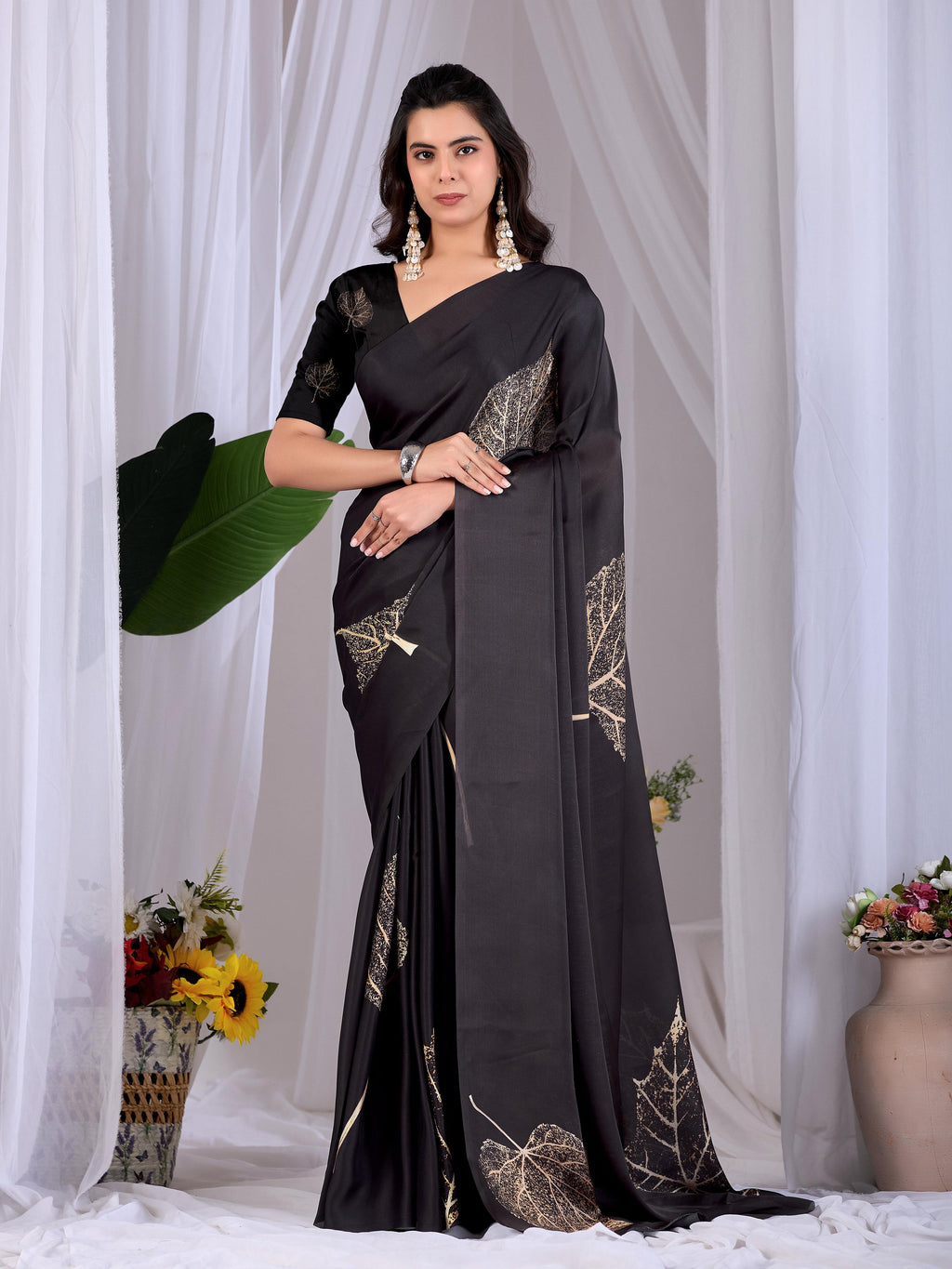 Aastha Fashion Black Soft Satin Georgette Printed Saree