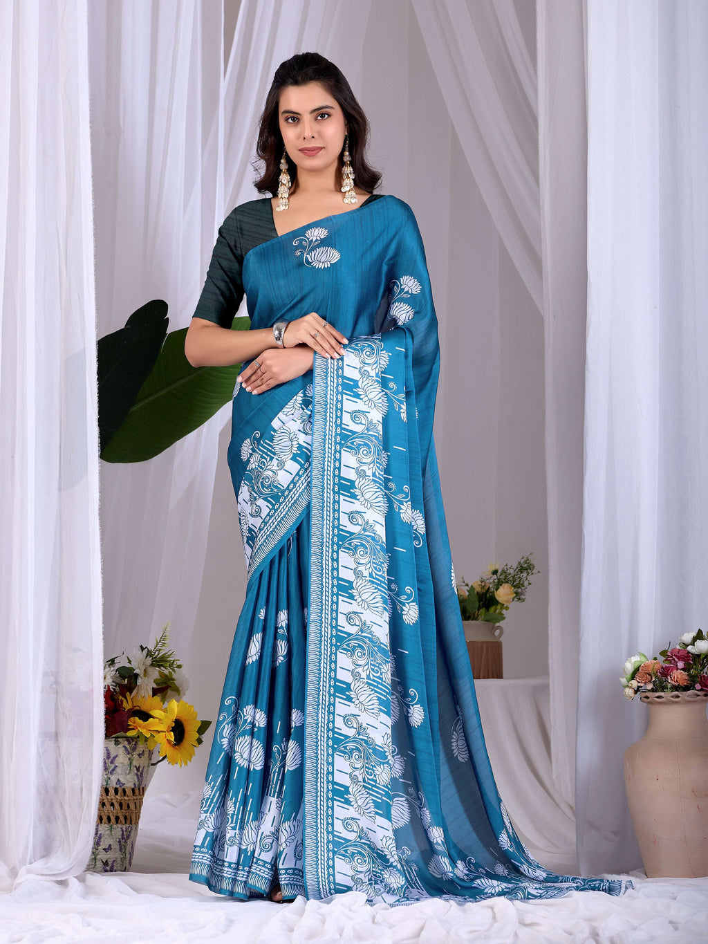 Aastha Fashion Teal Blue Soft Satin Georgette Printed Saree