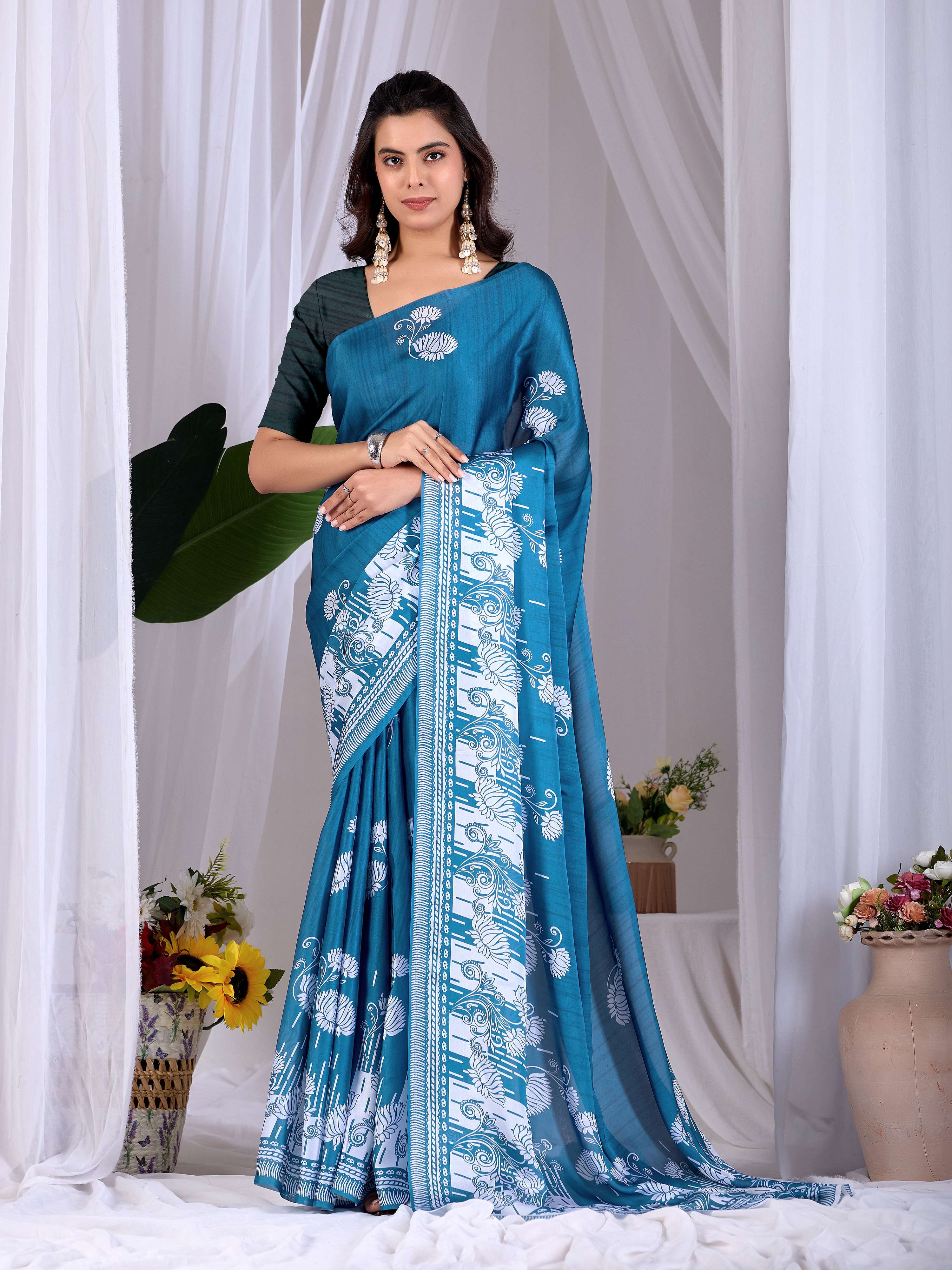 Aastha Fashion Teal Blue Soft Satin Georgette Printed Saree