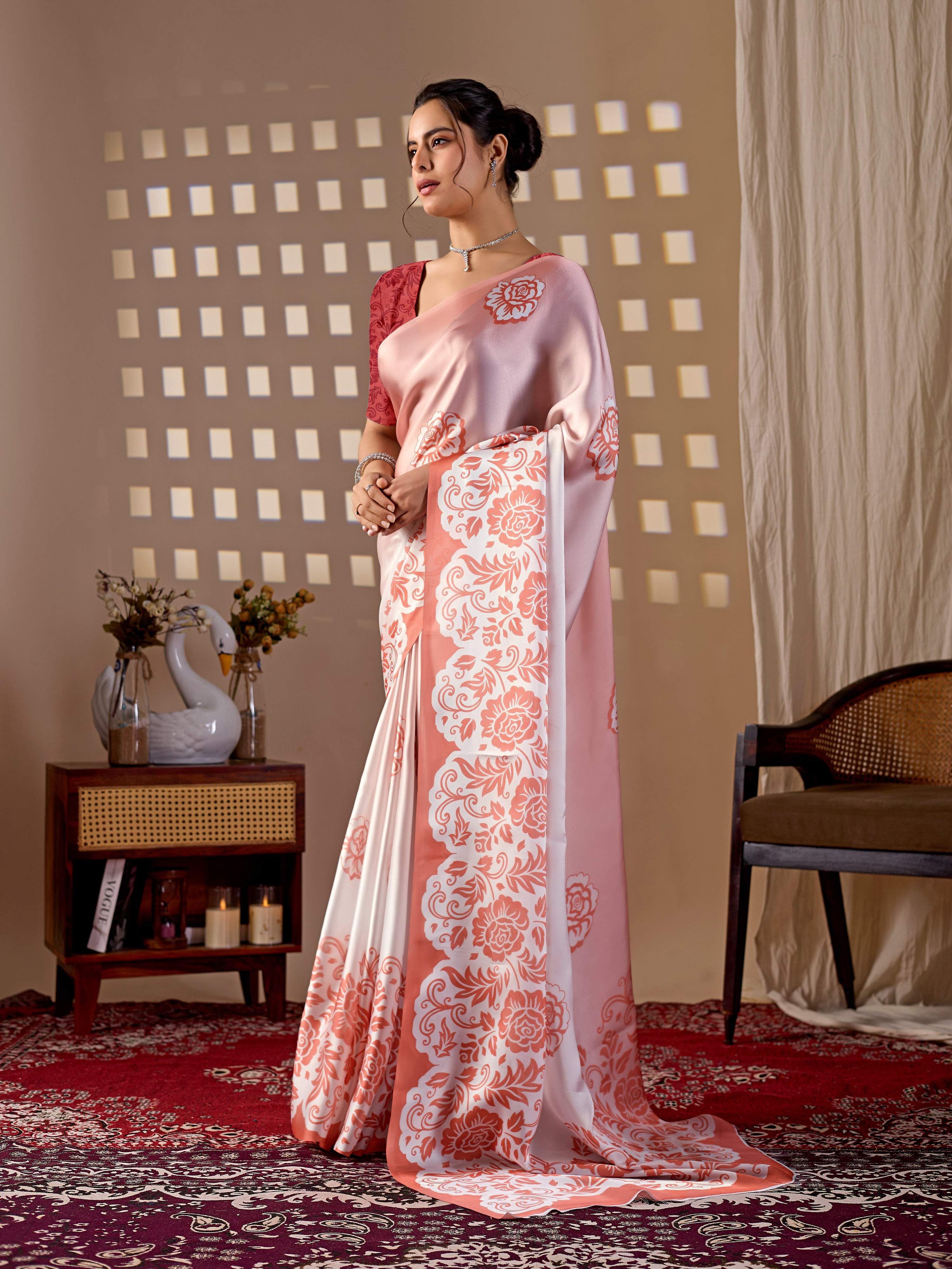 Aastha Fashion Peach Soft Satin Georgette Printed Saree