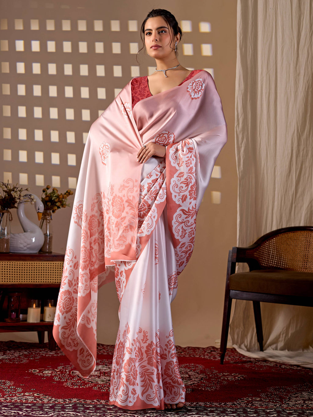 Aastha Fashion Peach Soft Satin Georgette Printed Saree