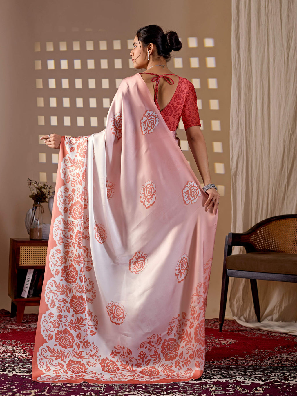 Aastha Fashion Peach Soft Satin Georgette Printed Saree