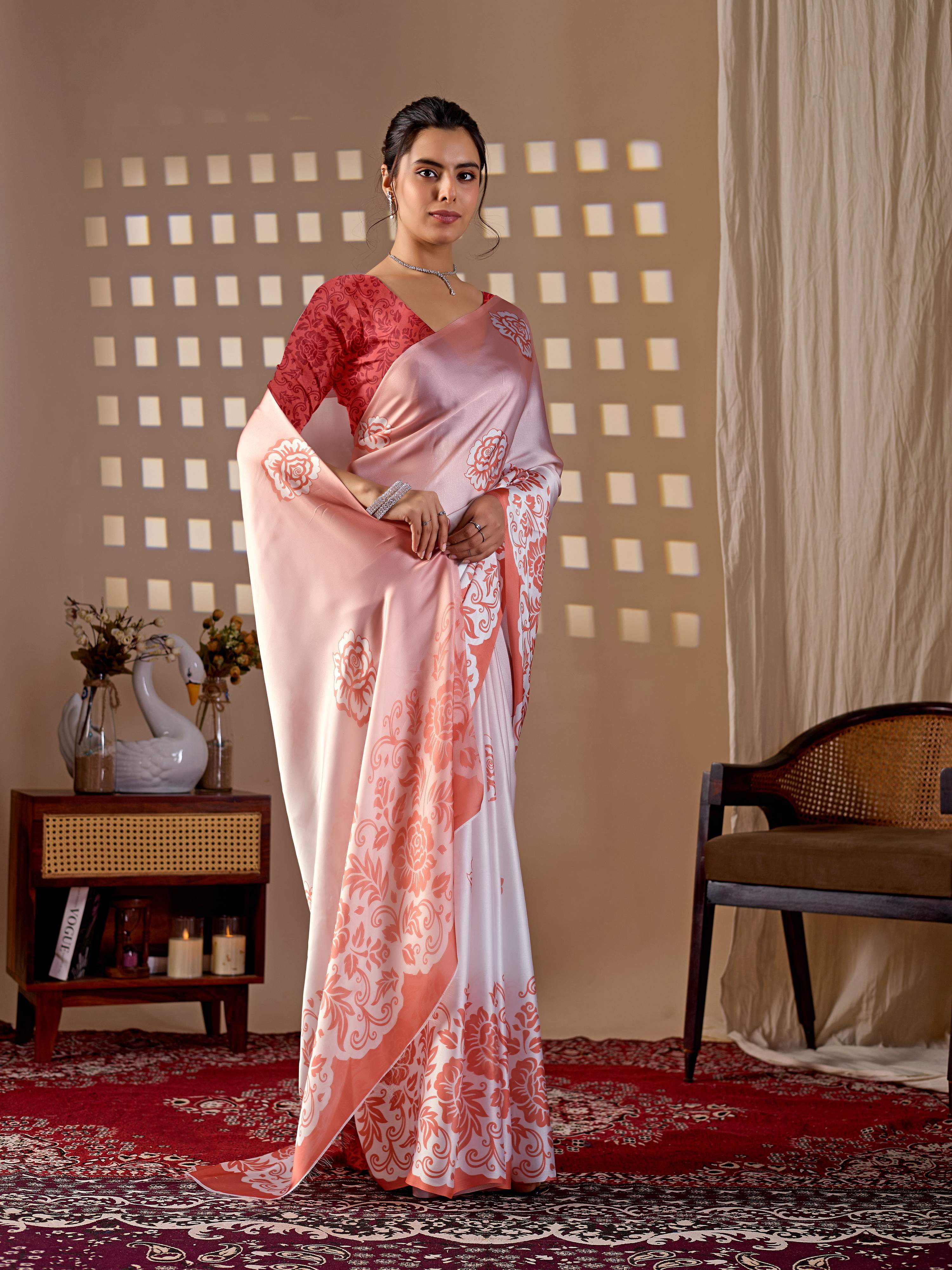 Aastha Fashion Peach Soft Satin Georgette Printed Saree