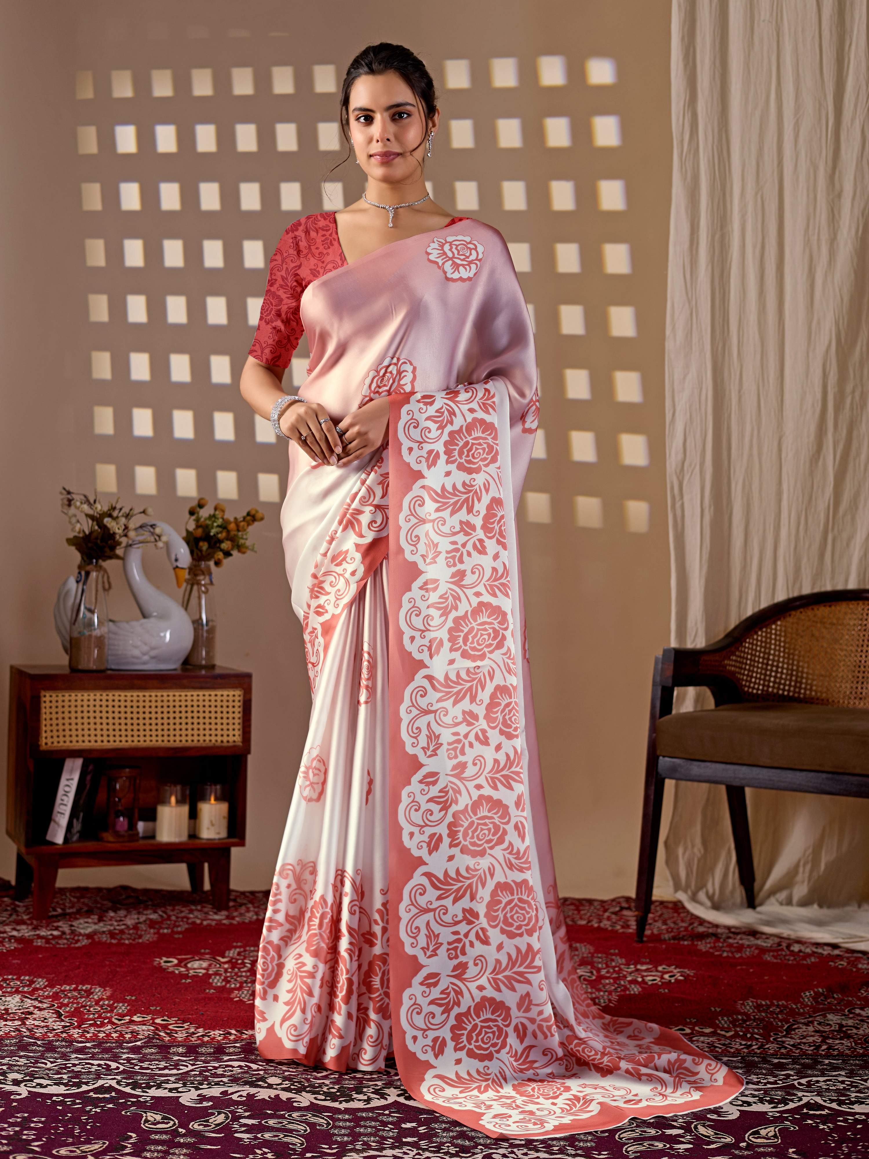 Aastha Fashion Peach Soft Satin Georgette Printed Saree