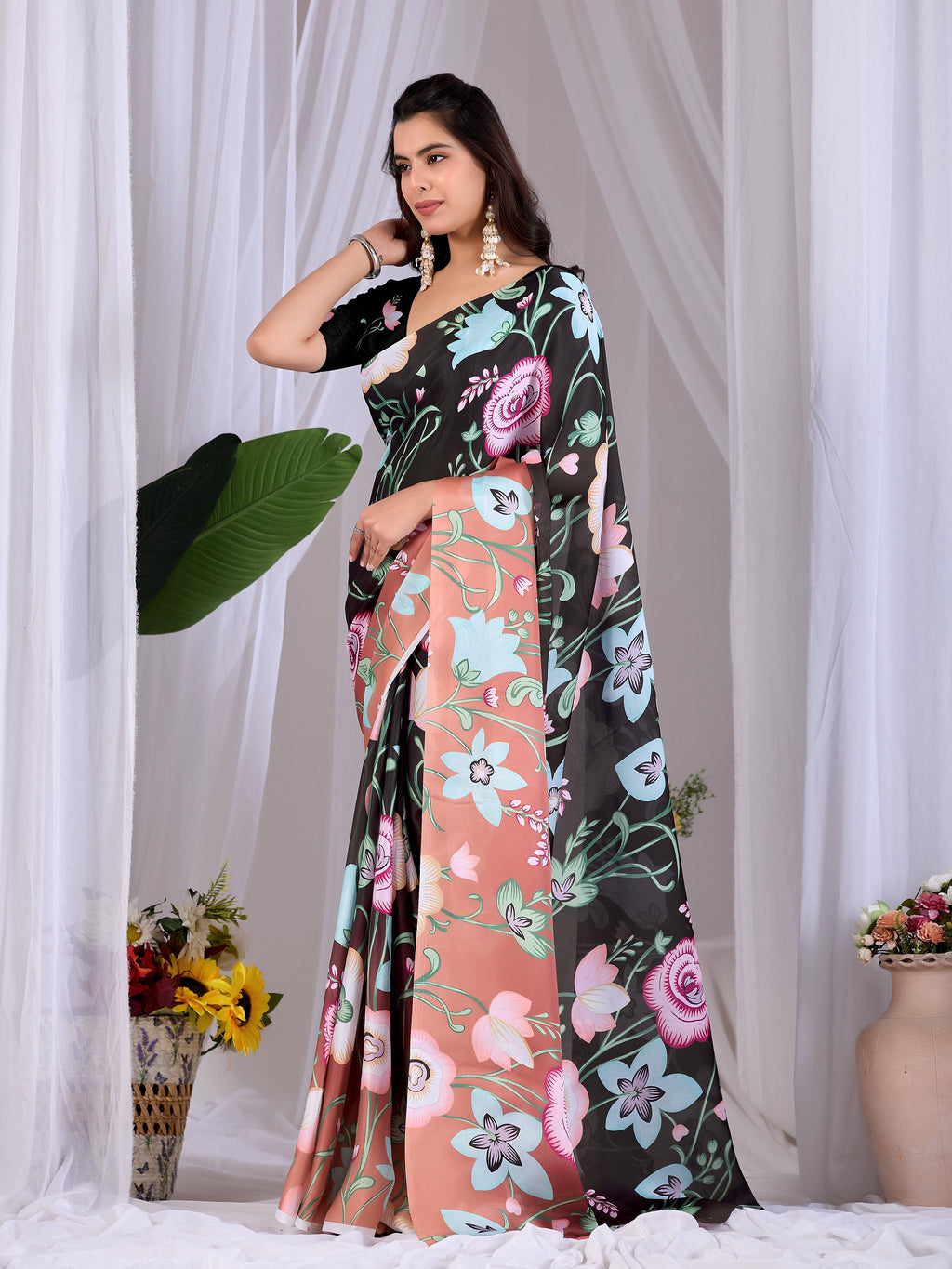 Aastha Fashion Black Soft Satin Georgette Printed Saree