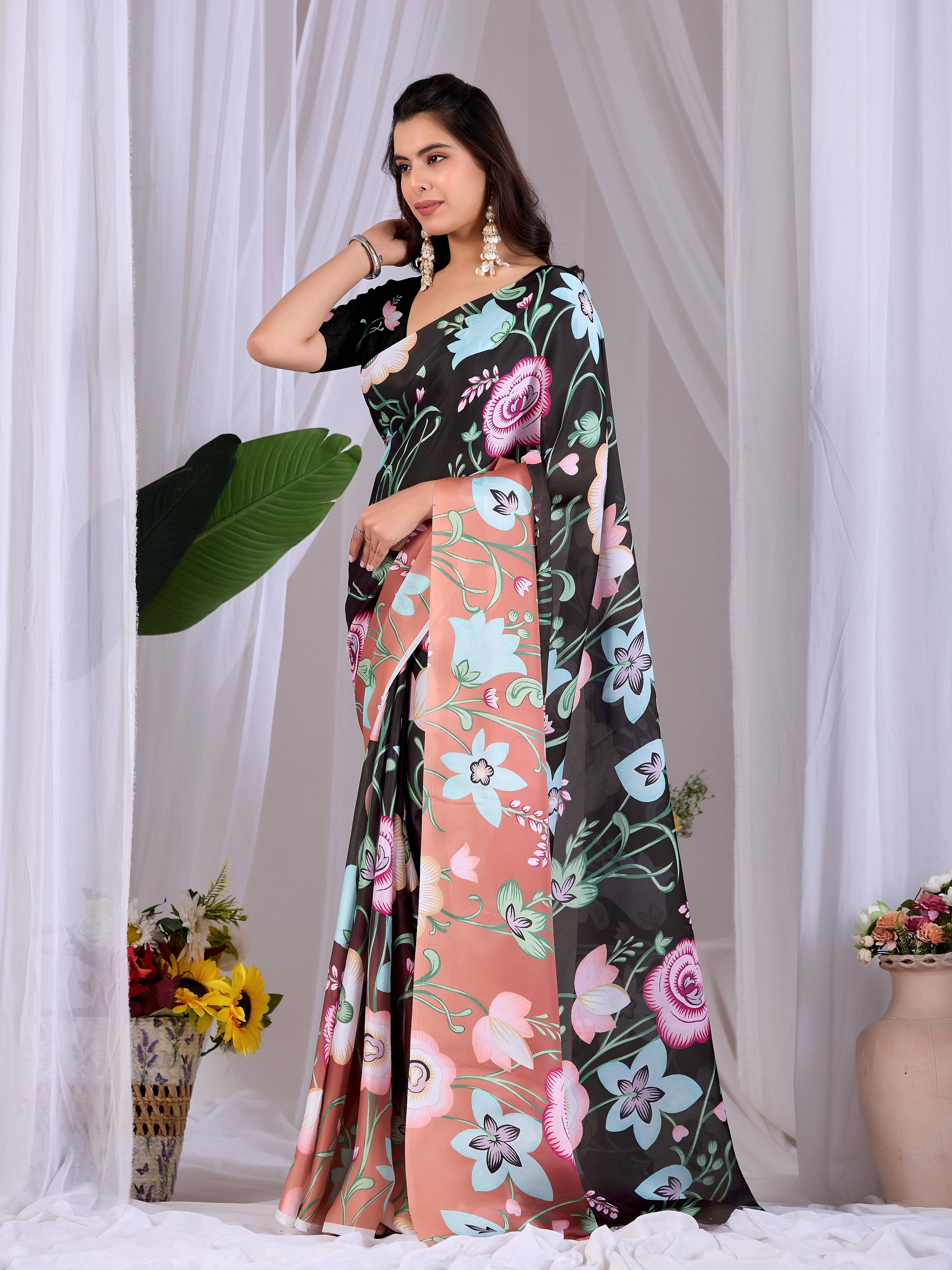 Aastha Fashion Black Soft Satin Georgette Printed Saree