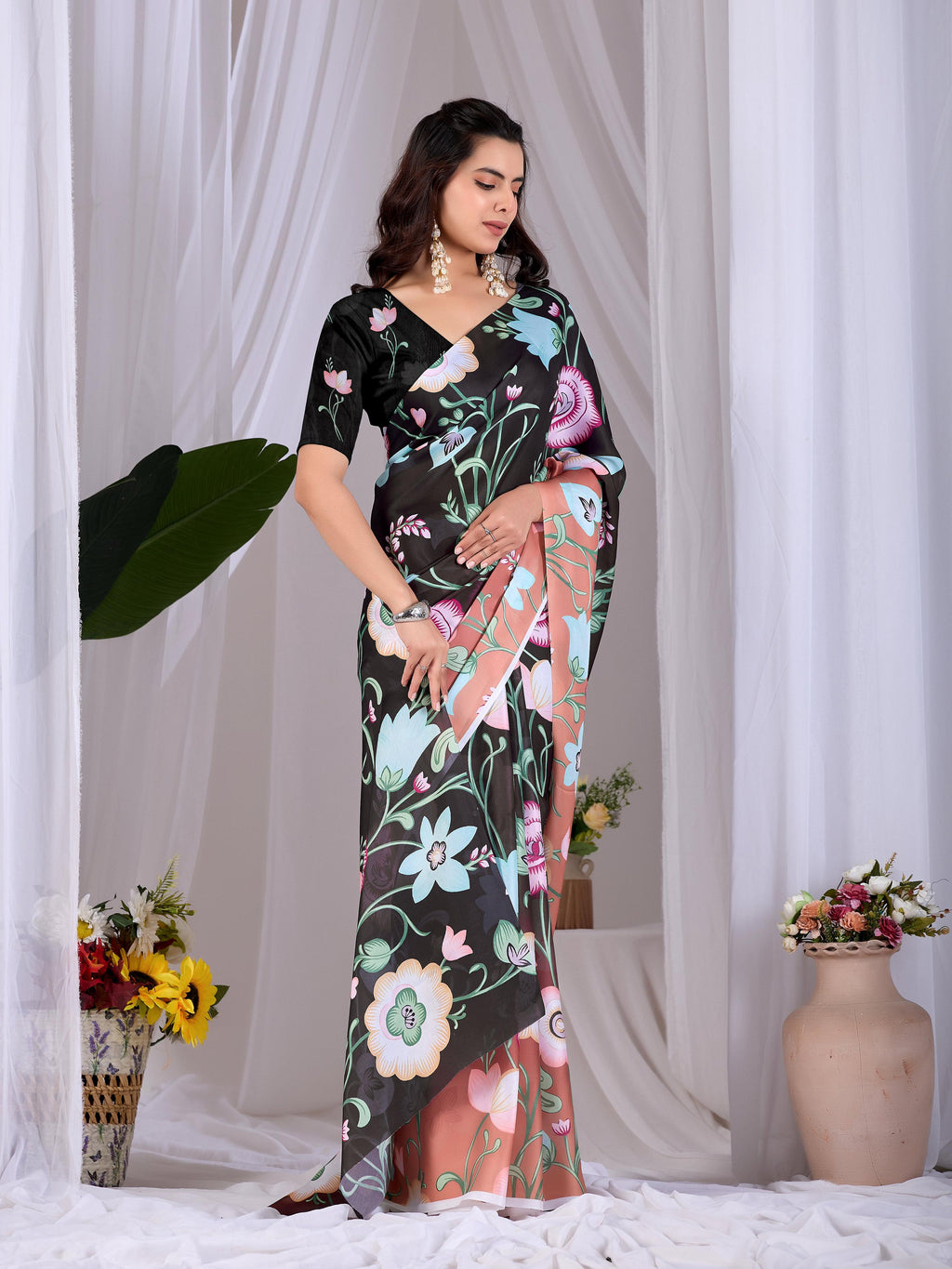 Aastha Fashion Black Soft Satin Georgette Printed Saree