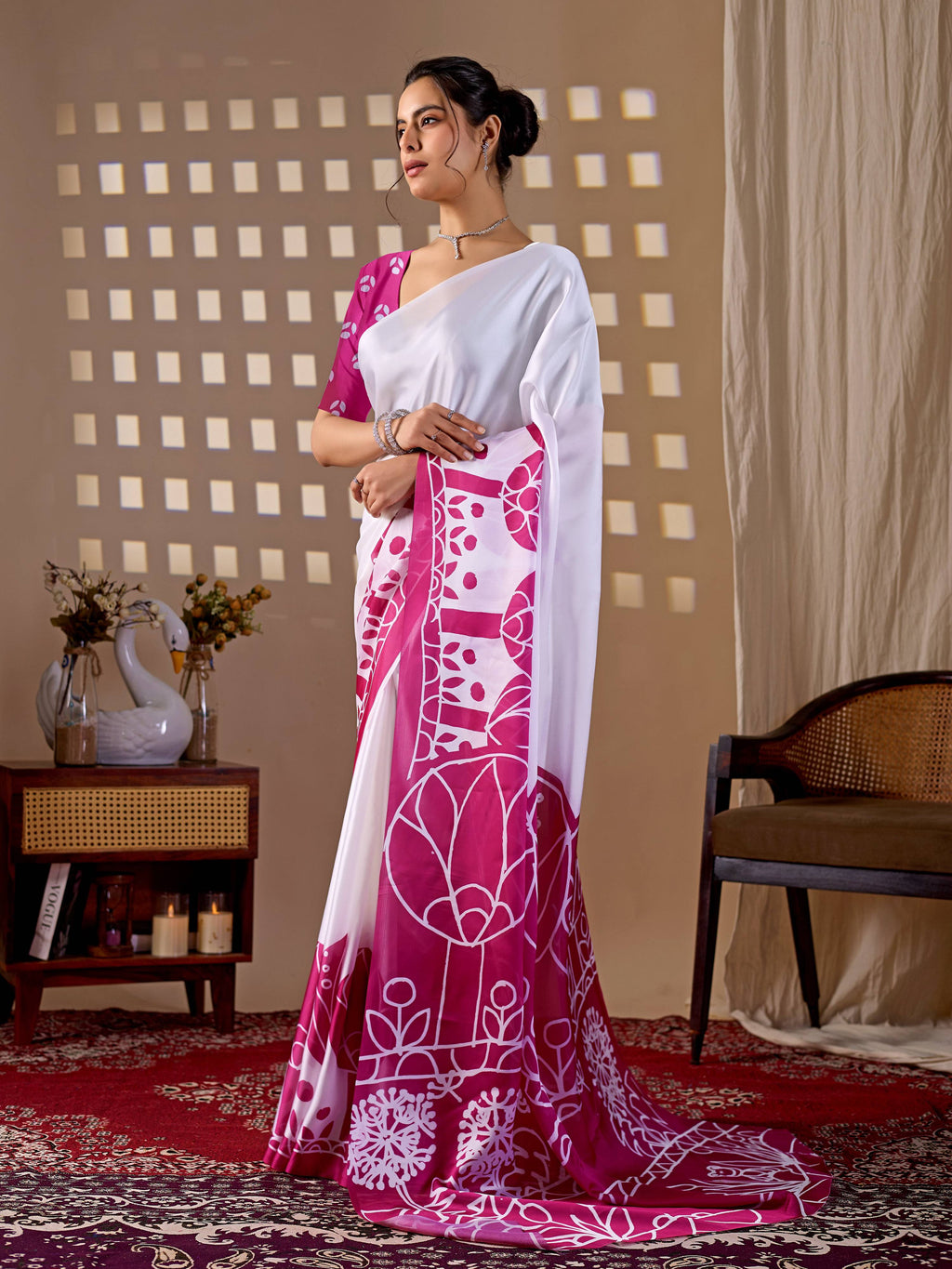 Aastha Fashion White Soft Satin Georgette Printed Saree